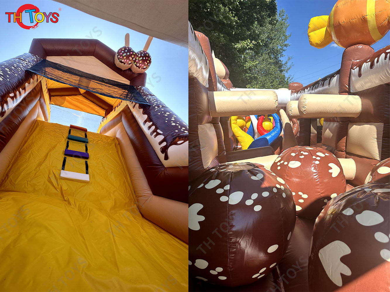 Customized Kids Amusement inflatable Bouncy Castle With Slide, Chocolate Theme commercial Inflatable obstacle course for sale