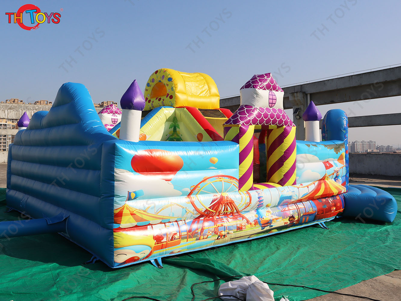 by ship to door, Fun Fair Kids Jumping Castle, 7.4x5.5m Outdoor inflatable Bounce House with Slide combos playground for party