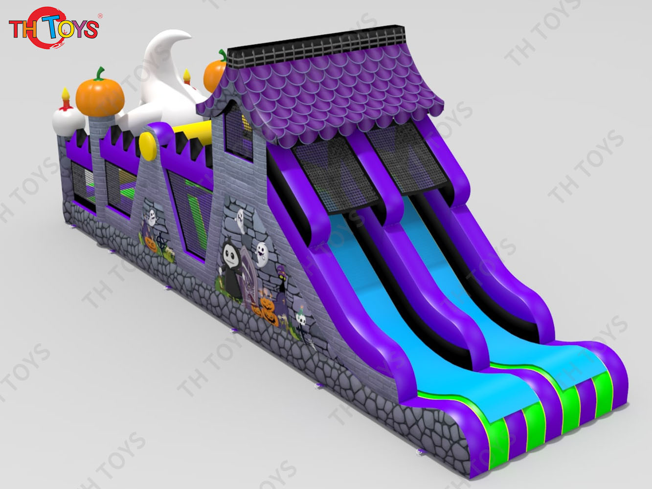 Ghost Pumpkin Inflatable Obstacle Course, Halloween Bouncy Obstacle House Race Game