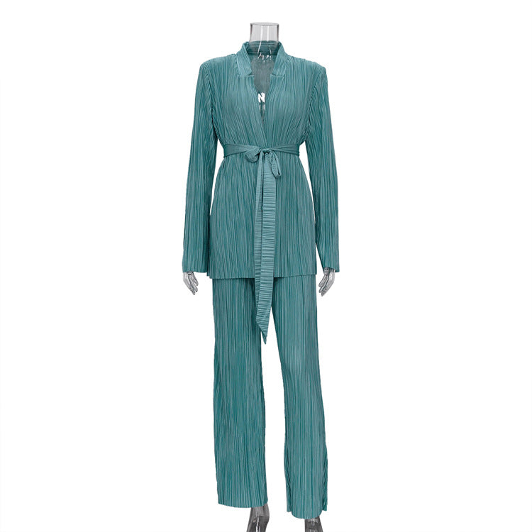 Two-piece Suit With Lace-up Shirt And Pleated Trousers