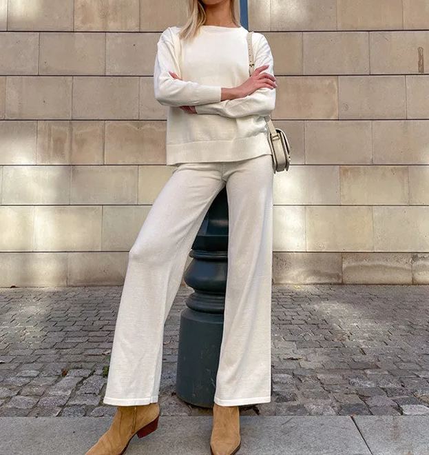 Women's Temperament Solid Color Pullover Sweater Straight Pants Set