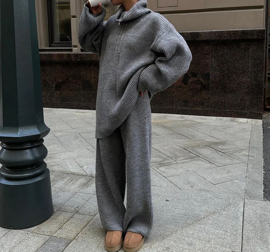 Women's Solid Color Half Zip Sweater Suit