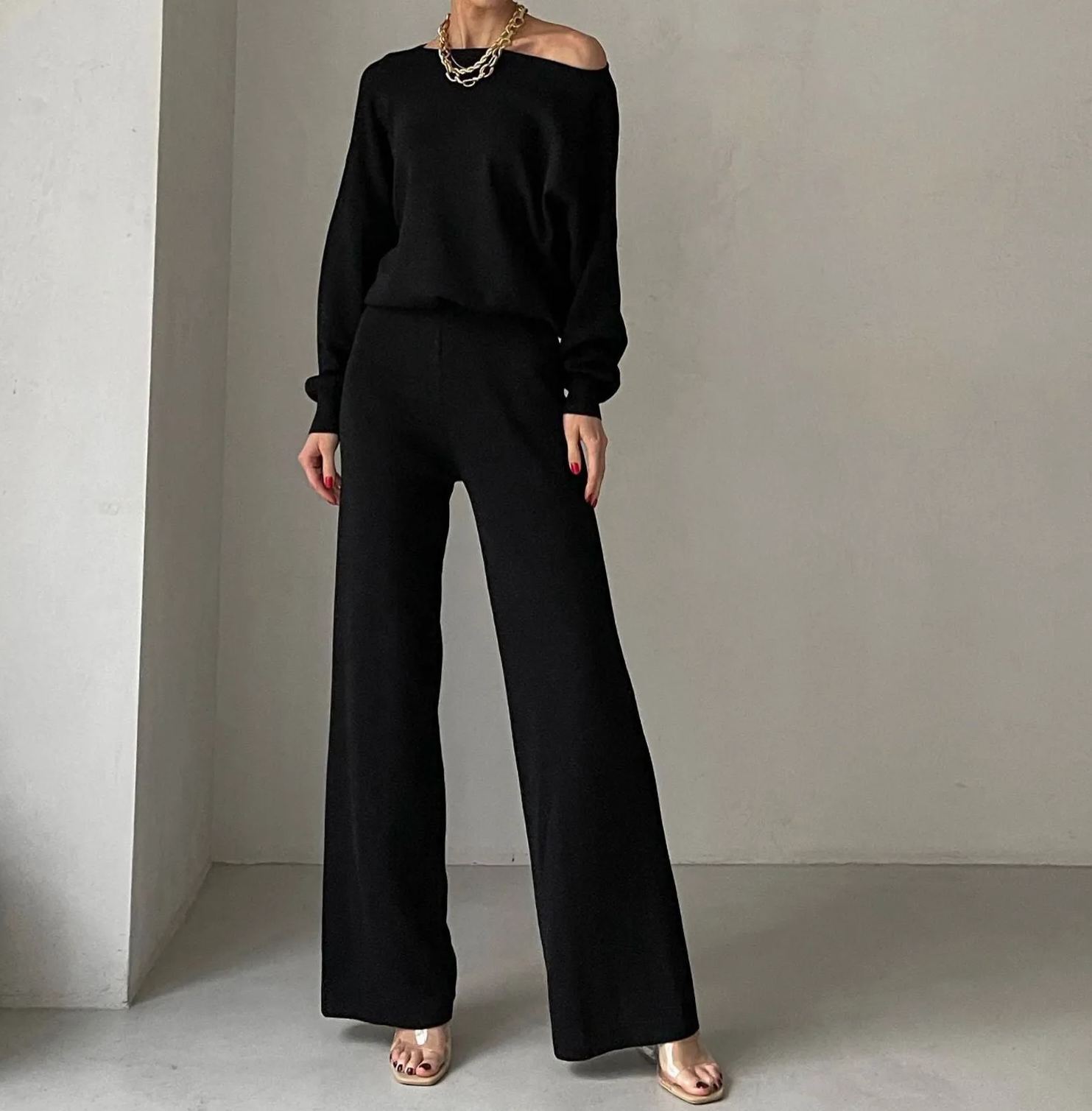 Temperament Commute Casual Slimming New Two-way Slant Shoulder Knitted Two-piece Suit