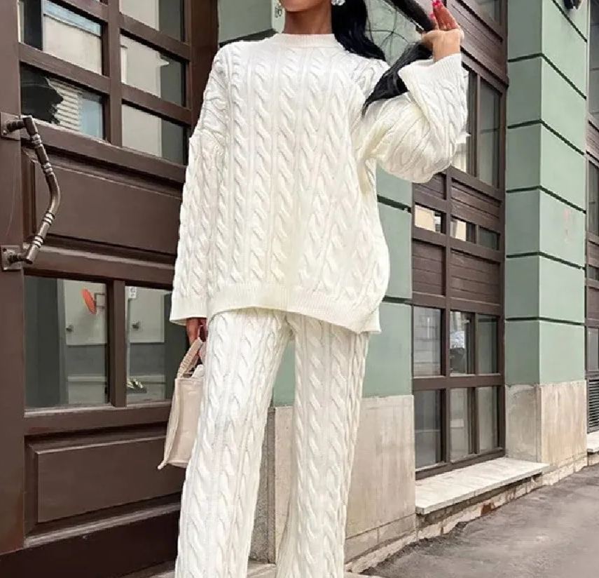 Sweater Pullover Plus Knitted Wide-legged Pants Two-piece Set