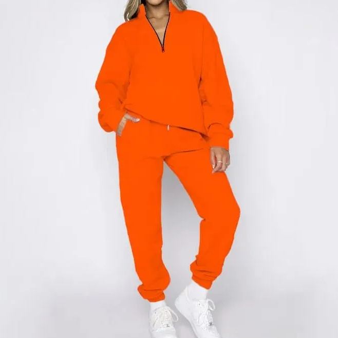 Half Zipped Stand Collar Long-sleeved Sweater Solid Color Casual Suit