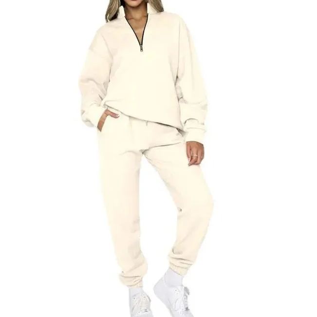 Half Zipped Stand Collar Long-sleeved Sweater Solid Color Casual Suit