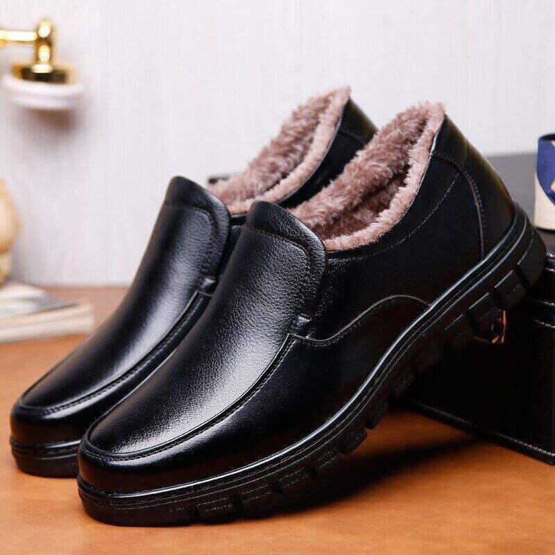 Men's Genuine Leather Slip-on Warm Winter Plush Soft Insole Casual Business Shoes