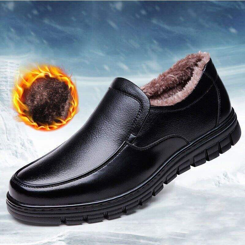 Men's Genuine Leather Slip-on Warm Winter Plush Soft Insole Casual Business Shoes