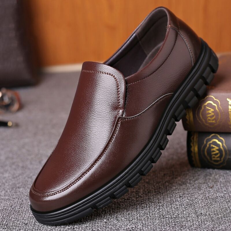Men's Genuine Leather Slip-on Warm Winter Plush Soft Insole Casual Business Shoes