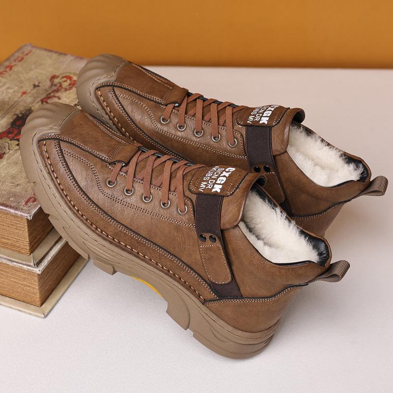 Men's winter wool lined boots warm cotton shoes outdoor leather boots