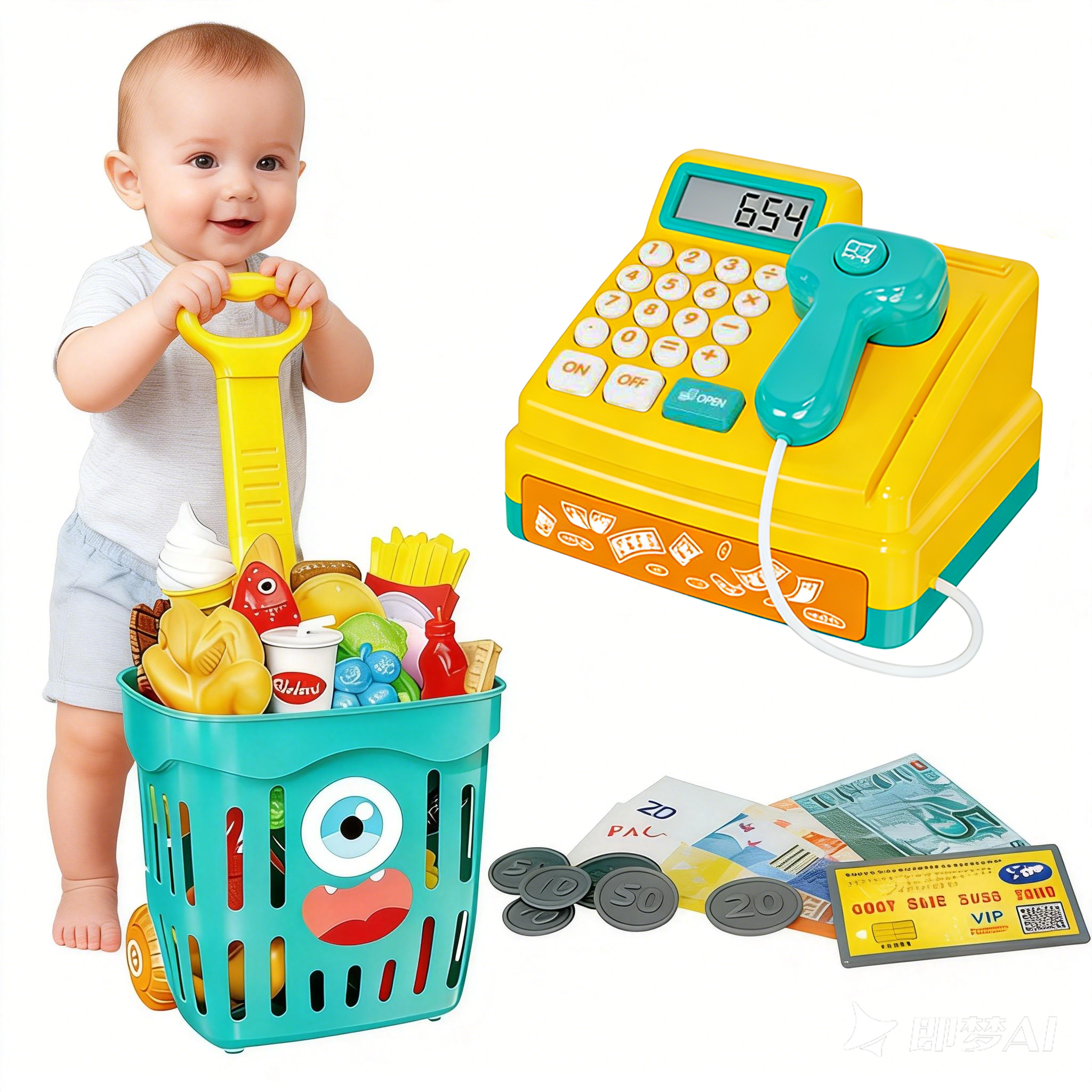 Adofi Toddlers Toy Shopping Cart Play Set Yellow Plastic