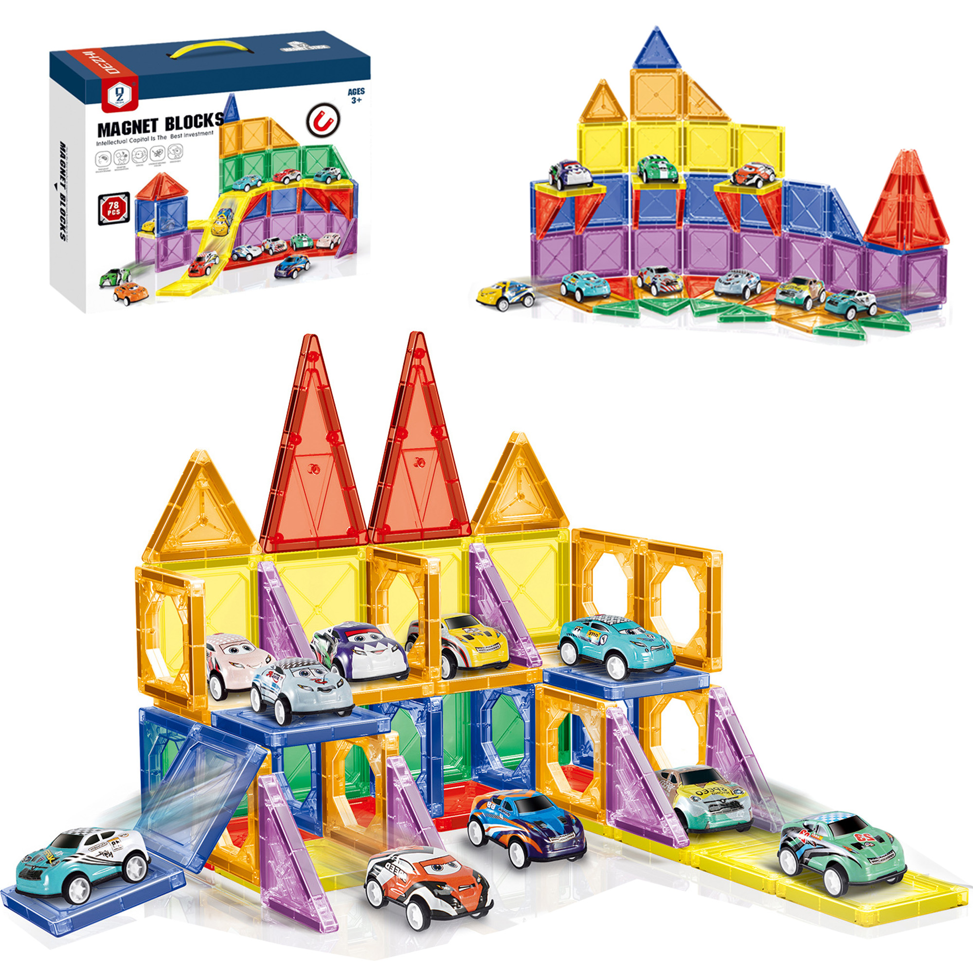 Adofi 78PCS Magnetic Tiles Set with 20 Cars