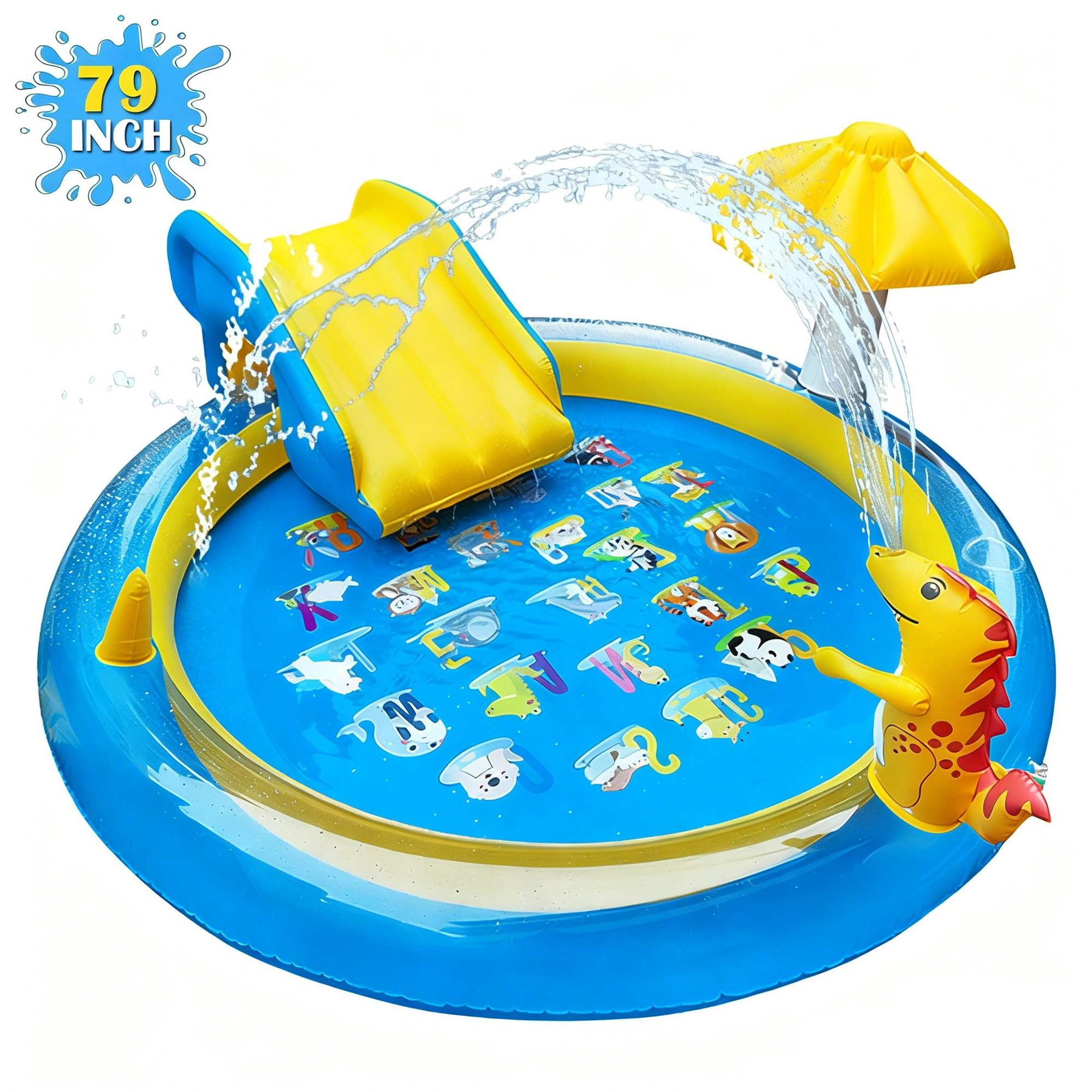 Richgv Splash Pad Sprinkler Play Mat with Slide, 78.7'' Inflatable Sprinkle Mat Outdoor Water Dinosaur Toys Pool Summer Toys Backyard Water Mat