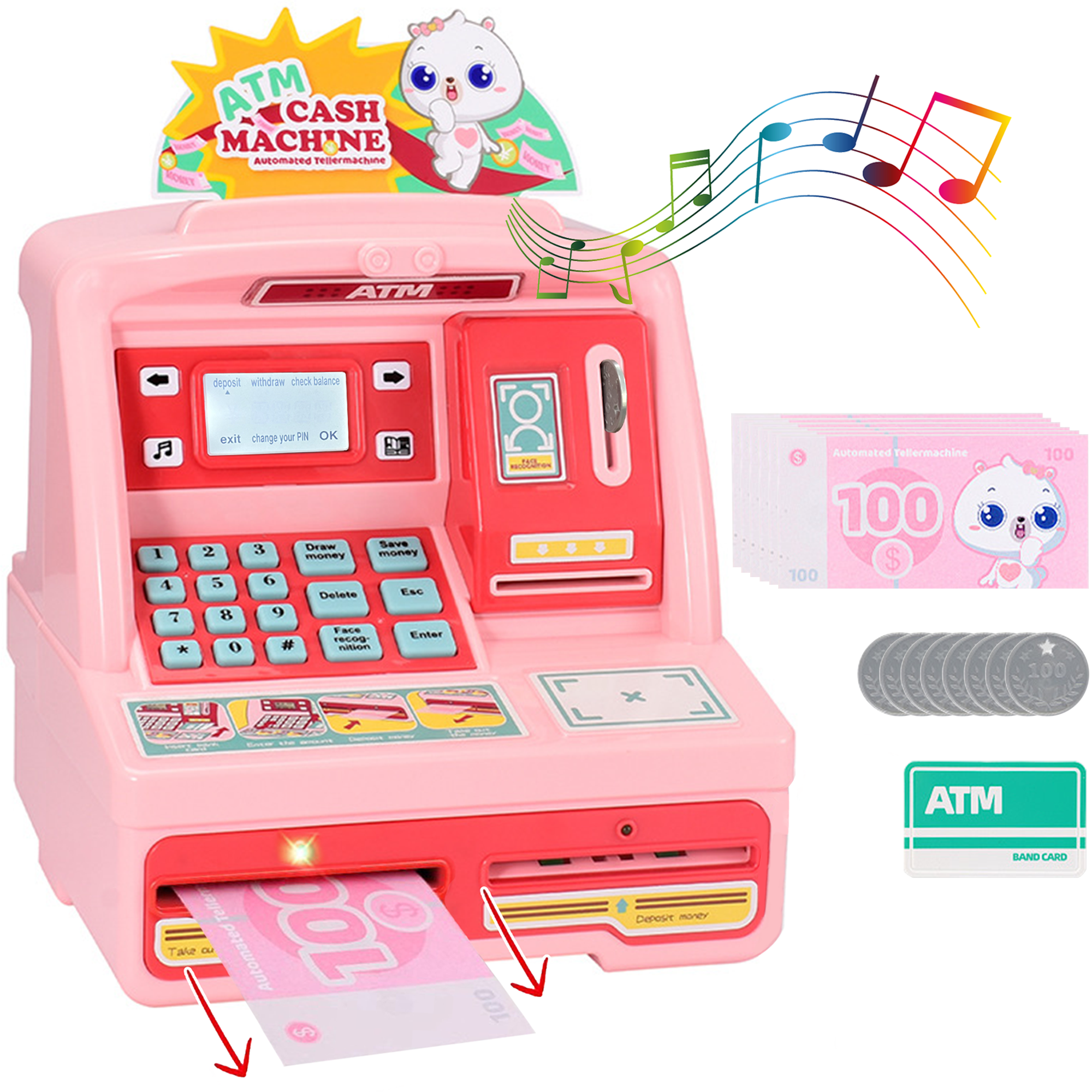 Richgv ATM Savings Bank Machine Toy for Kids, Pretend Play Toy Money Bank with Card Music Sounds, Realistic Kids ATM Machine Piggy Bank Toys for Girls 3-6 Year