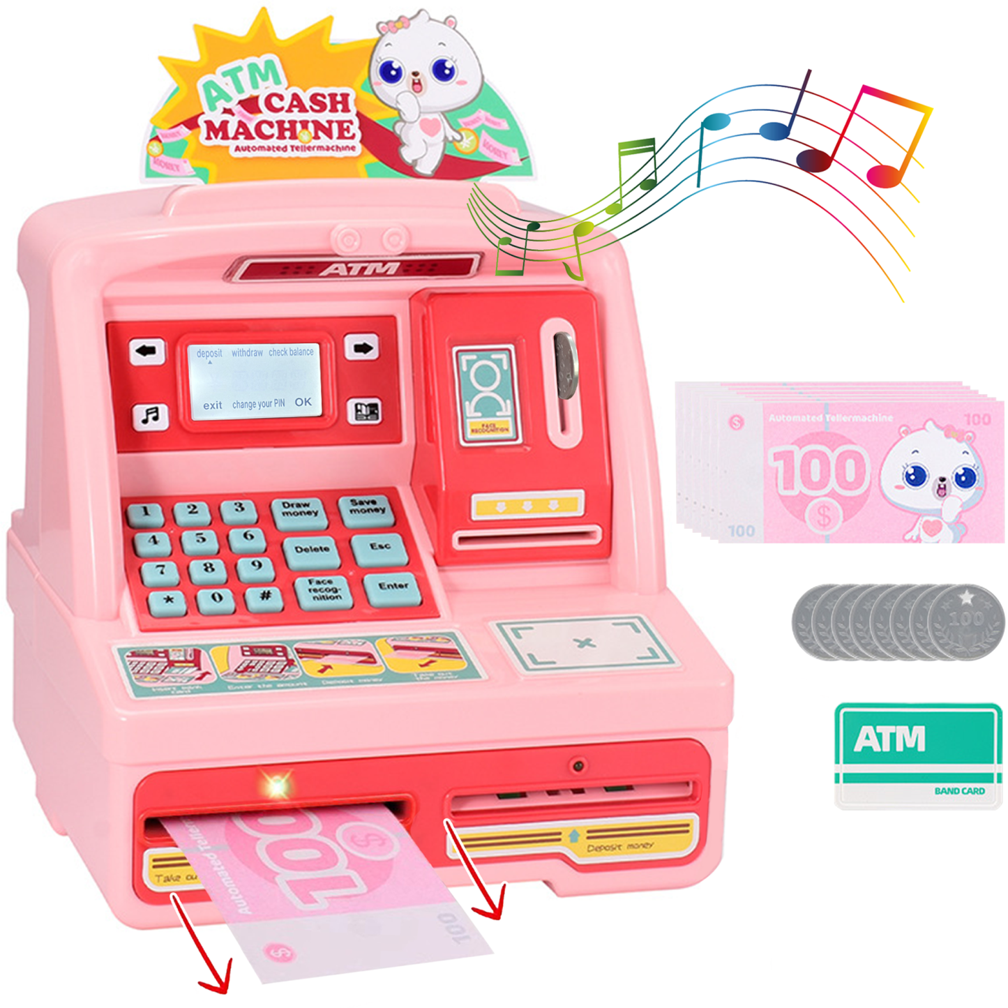 Richgv ATM Savings Bank Machine Toy for Kids, Pretend Play Toy Money Bank with Card Music Sounds, Realistic Kids ATM Machine Piggy Bank Toys for Girls 3-6 Year