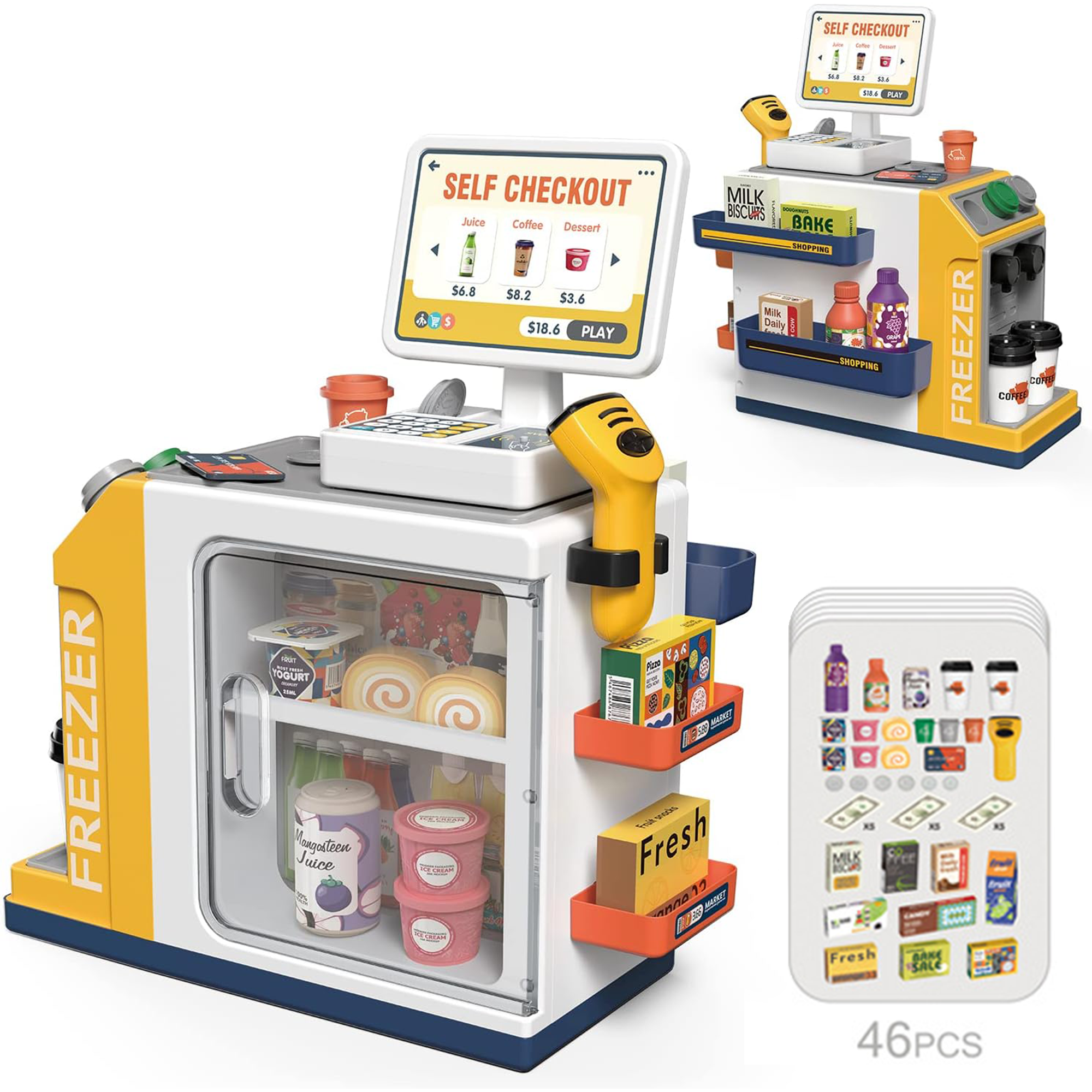 Adofi 46PCS Upgraded Cash Register Playset for Kids-Yellow