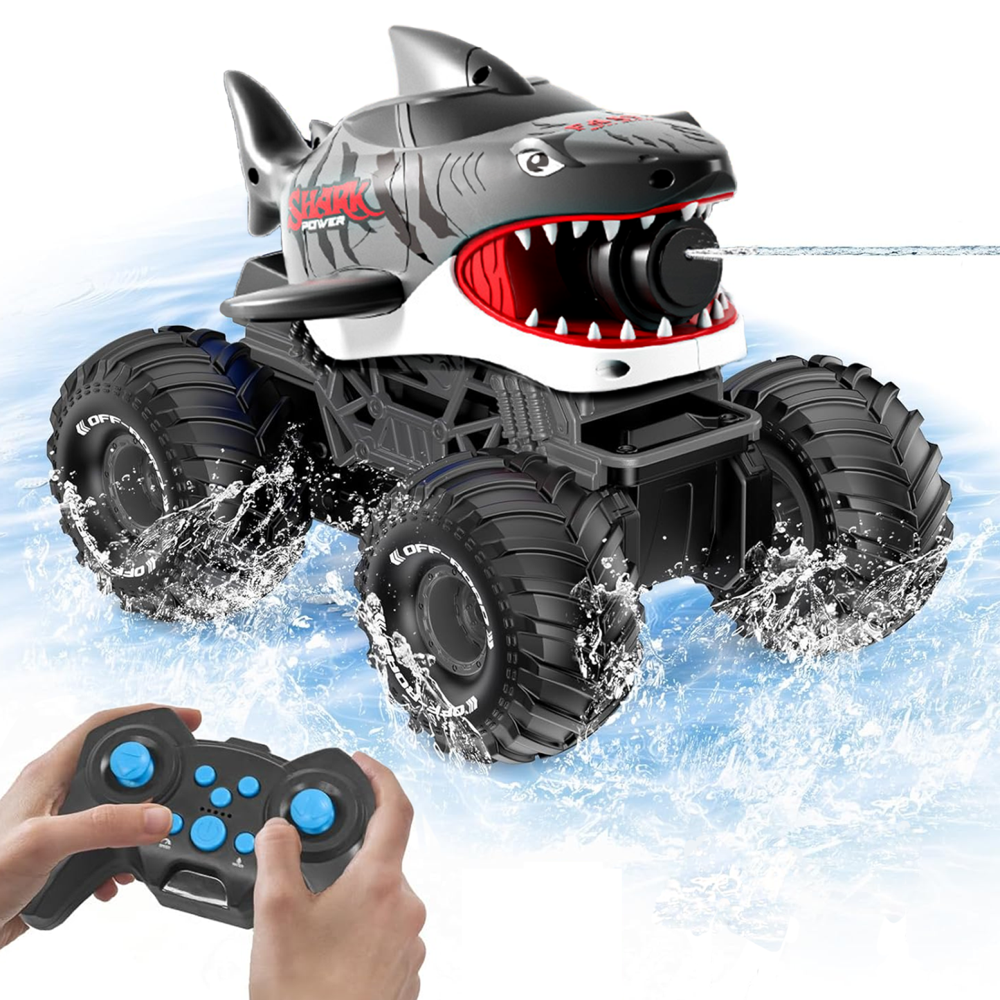 Richgv Remote Control Car Amphibious RC Shark Truck with Water Squirt, Waterproof All Terrain Off-Road Monster Truck, Kids Pool Toy Gift for Boy Girl Age 6+