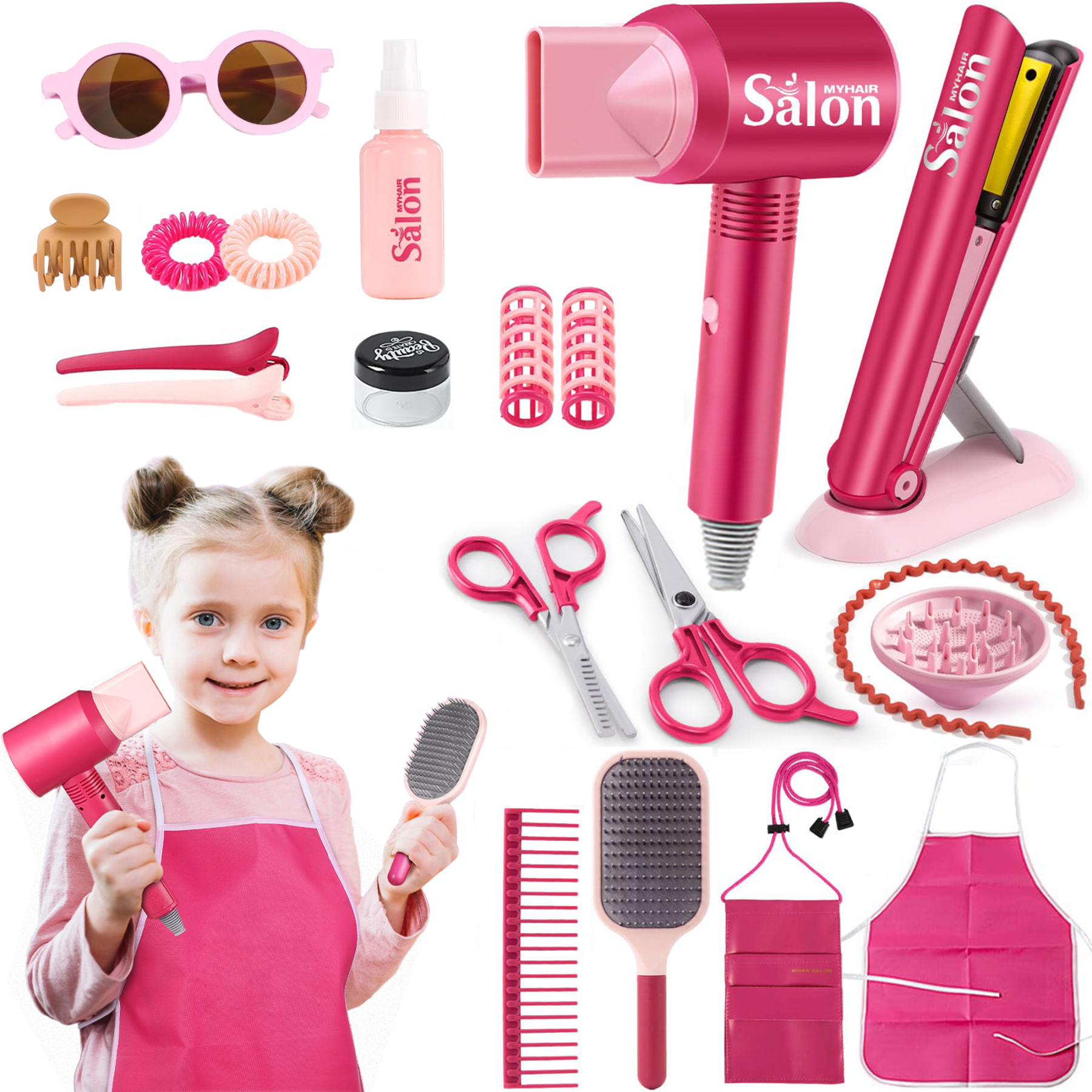 Richgv Girls Toys Hair Salon Playset, 22 Pcs Pretend Play Beauty Salon Hair Stylist Kid Toy with Hairdryer Accessories Makeup Set Gift for Girls