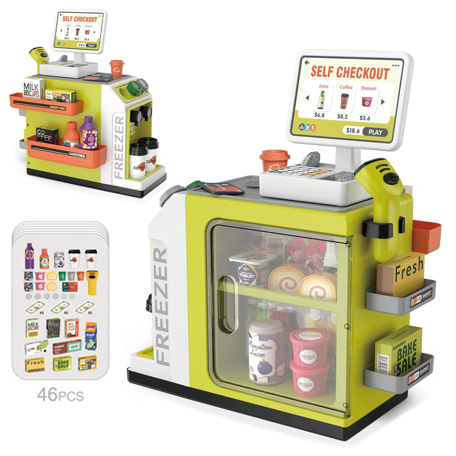 Richgv Upgraded Cash Register Toy for 3 Years Old Kids, 46 Pieces Pretend Play Money, Calculator, Scanner, Credit Cards, Play Food Toy Set for Toddlers Boys Girls, Green