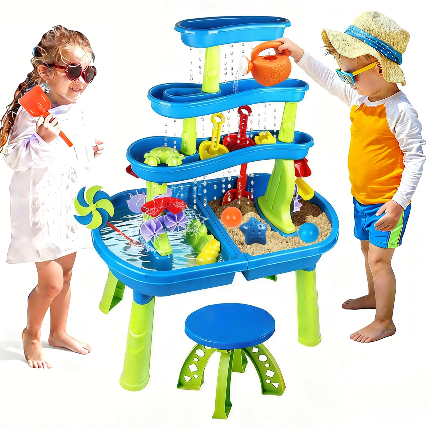 Richgv Sand and Water Table Toy for Kids, 4-Tier Kids Sand and Water Play Table Beach Summer Toys, Outdoor Activity Sensory Play Water Table for Boys Girls