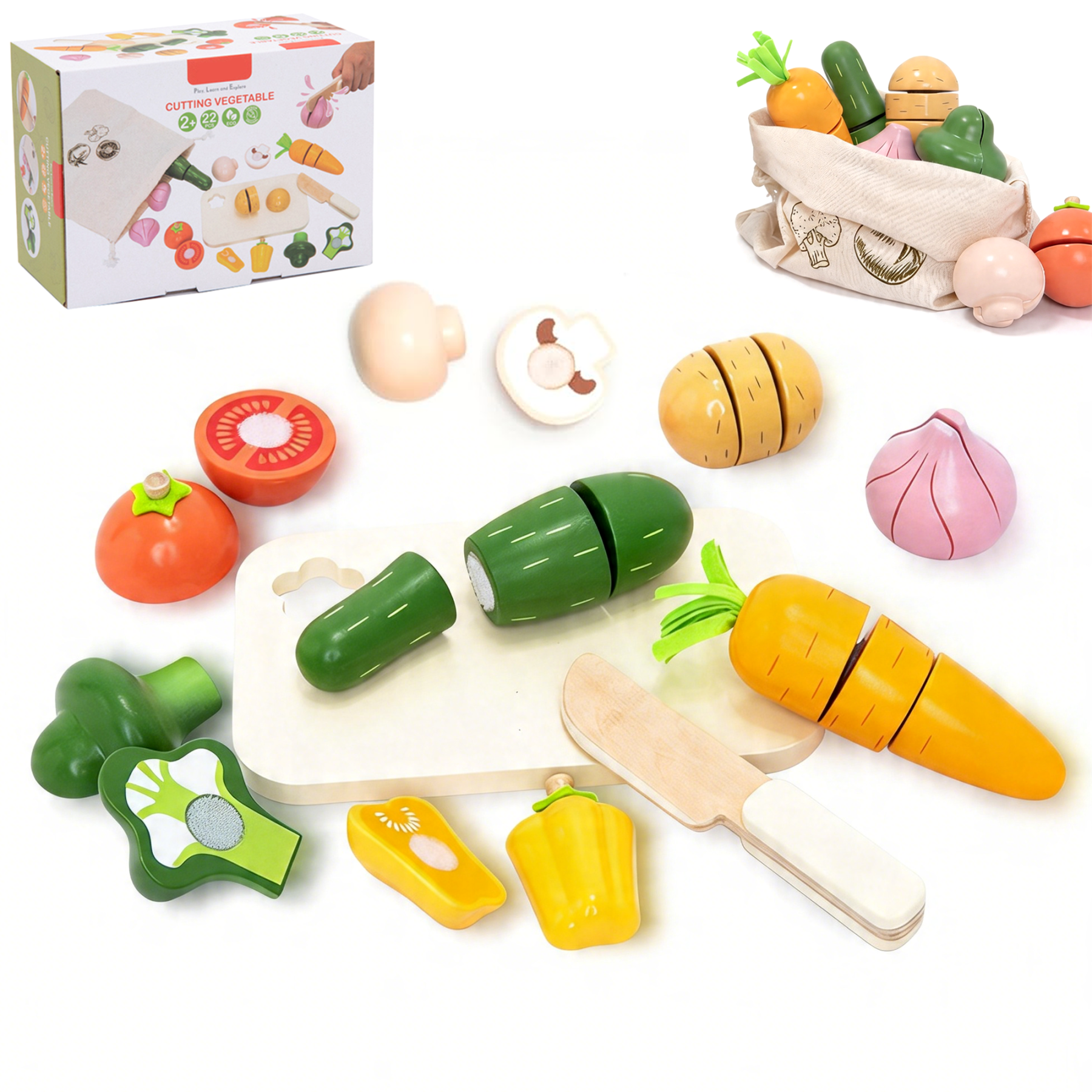Richgv Wooden Play Food Sets for Kids, 22PCS Pretend Play Kitchen Accessories Vegetables Cutting Set, Montessori Educational Toddler Toys for Girl Boy