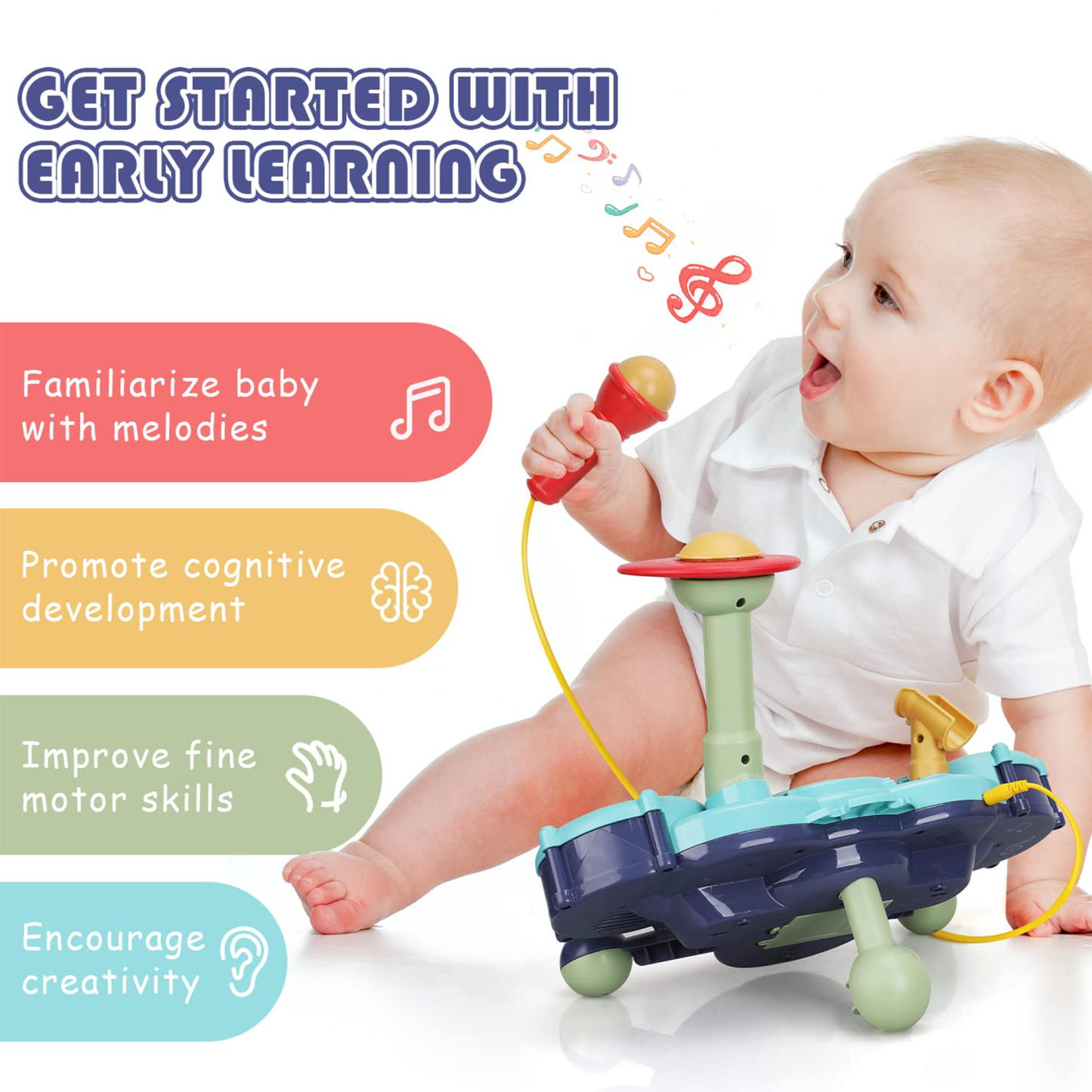 Richgv Kids Drum Set Musical Toys for 1 Year Old Boys Girls, Baby Educational Instruments with Piano Microphone, Light Up Learning Toys for Toddlers