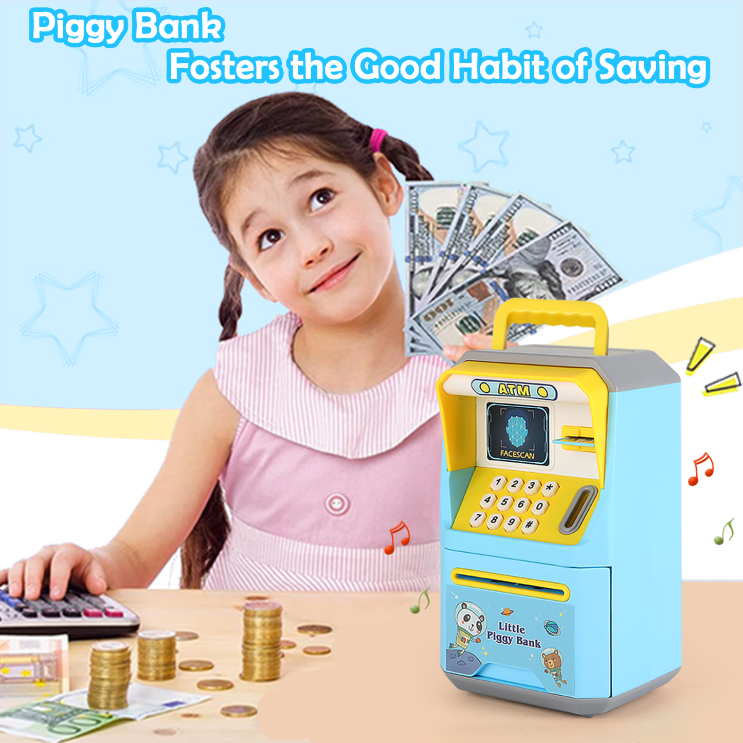 Richgv ATM Piggy Bank for Kids, Electronic Money Bank ATM Savings Bank Machine Toy for Toddlers 3-6 Years, Kids Toys ATM Machine with Sounds Handle