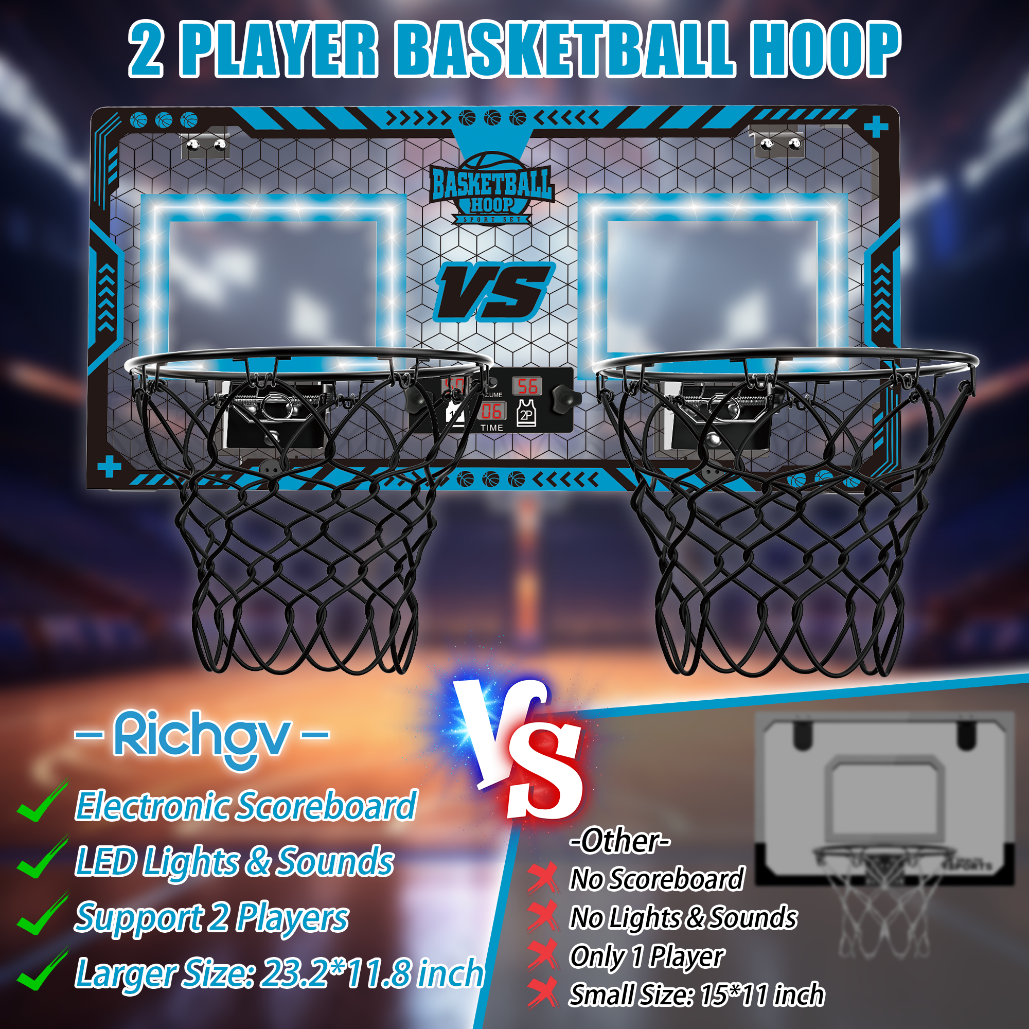 Richgv Double Shot Basketball Hoop for Kids, Indoor 2 Player Basketball Hoop with Electronic Scoreboard, 2 Balls