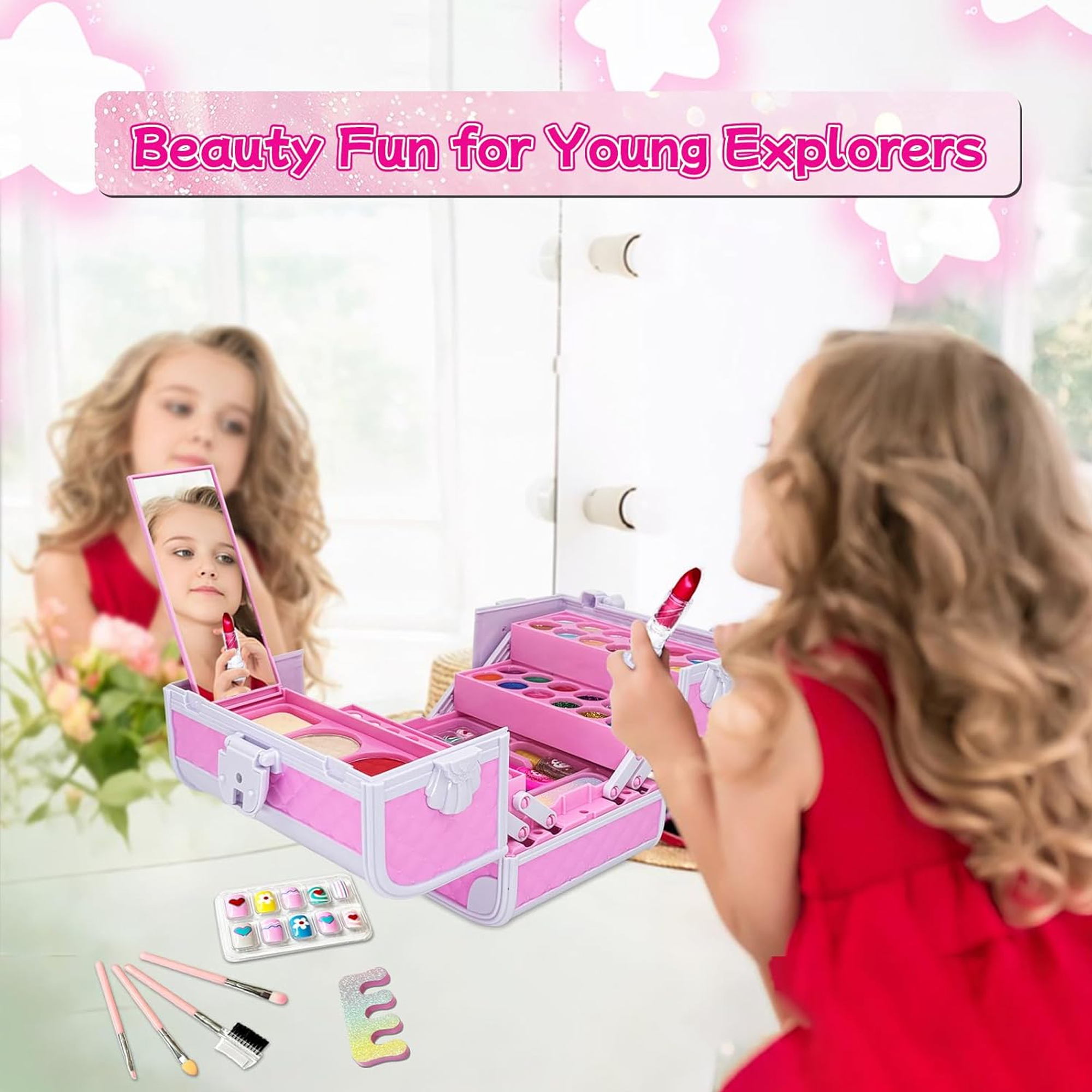 Richgv Kids Makeup Kit for Girls, 55Pcs Washable Makeup Set Toys for 3-6 Year Girls with Real Cosmetic Nail Art Kits, Gift for Christmas Birthday