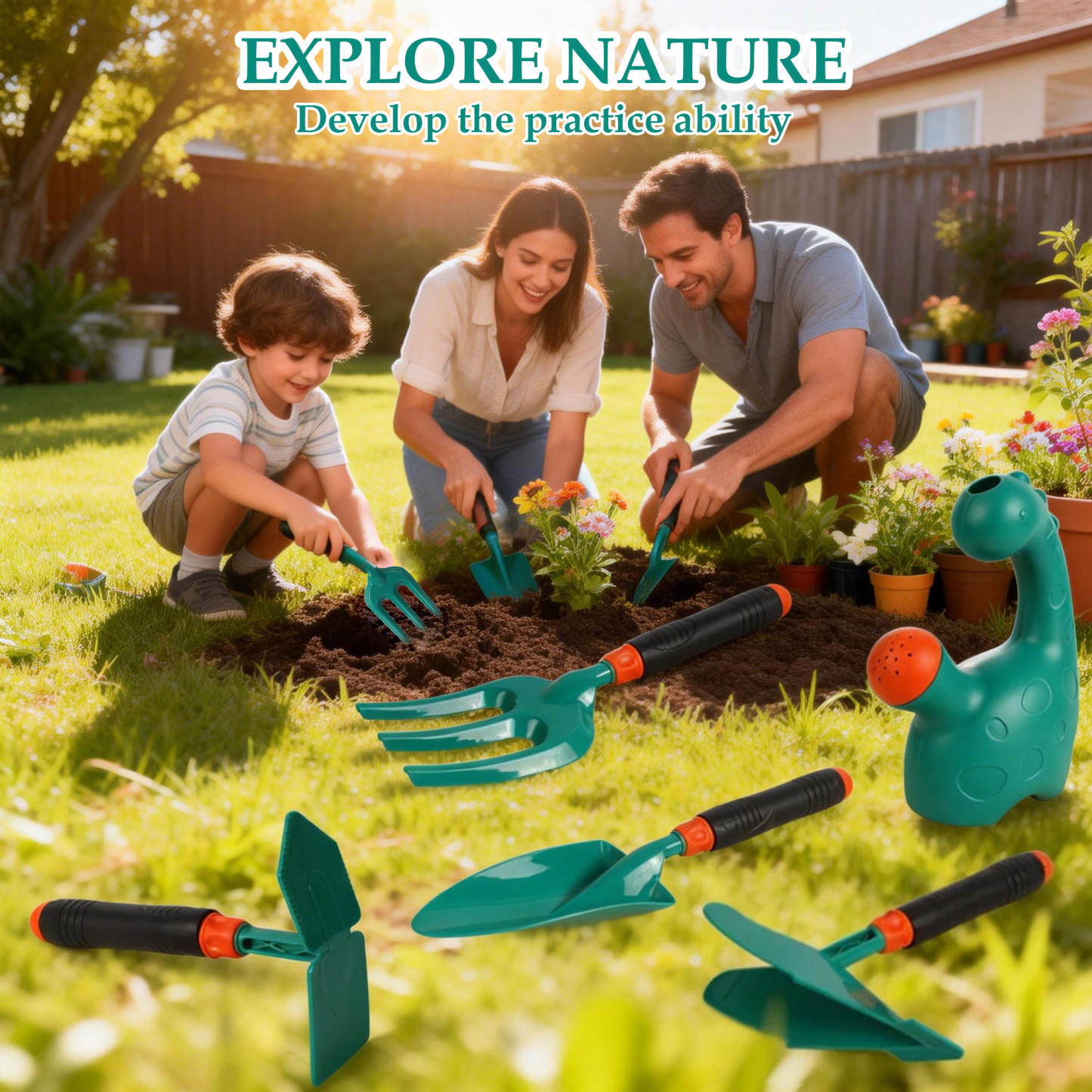 Richgv Kids Gardening Tools Set, 8 Pcs Garden Tools Kit with Watering Can Rake Fork Shovel Apron Storage Bag, Outdoor Toys Gifts for Boys Girls 3-8