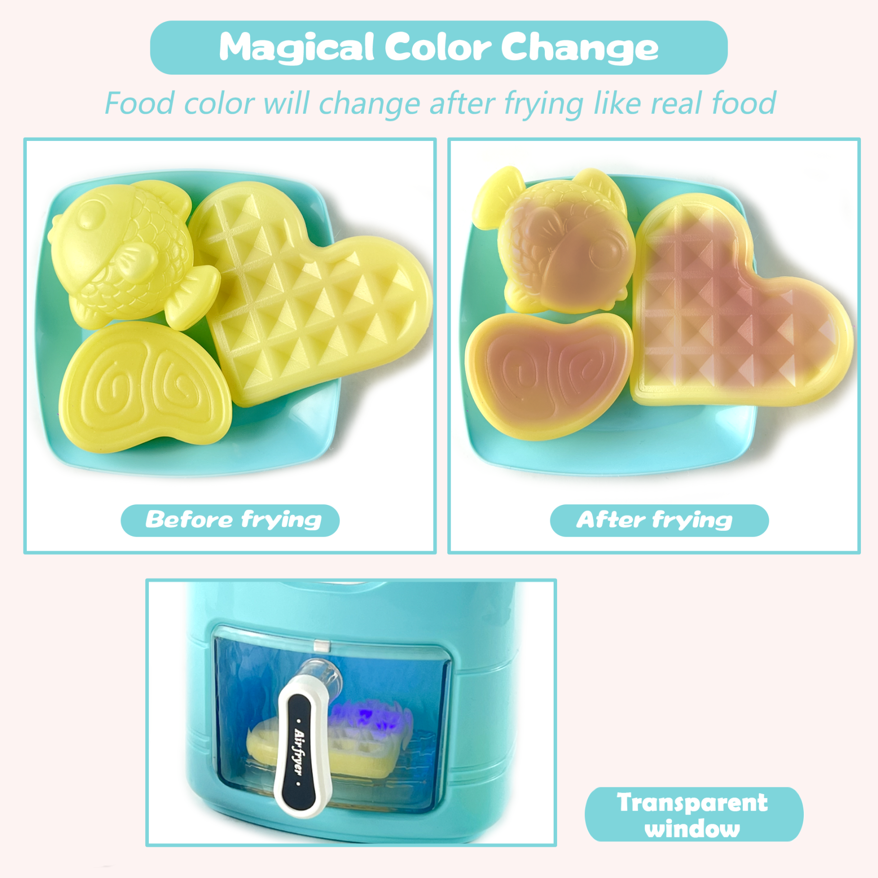 Richgv Kids Play Kitchen Air Fryer with Color Changing Play Food, Pretend Play Kitchen Cooking Accessories Toys for Kids Girls Boys Age 3-6