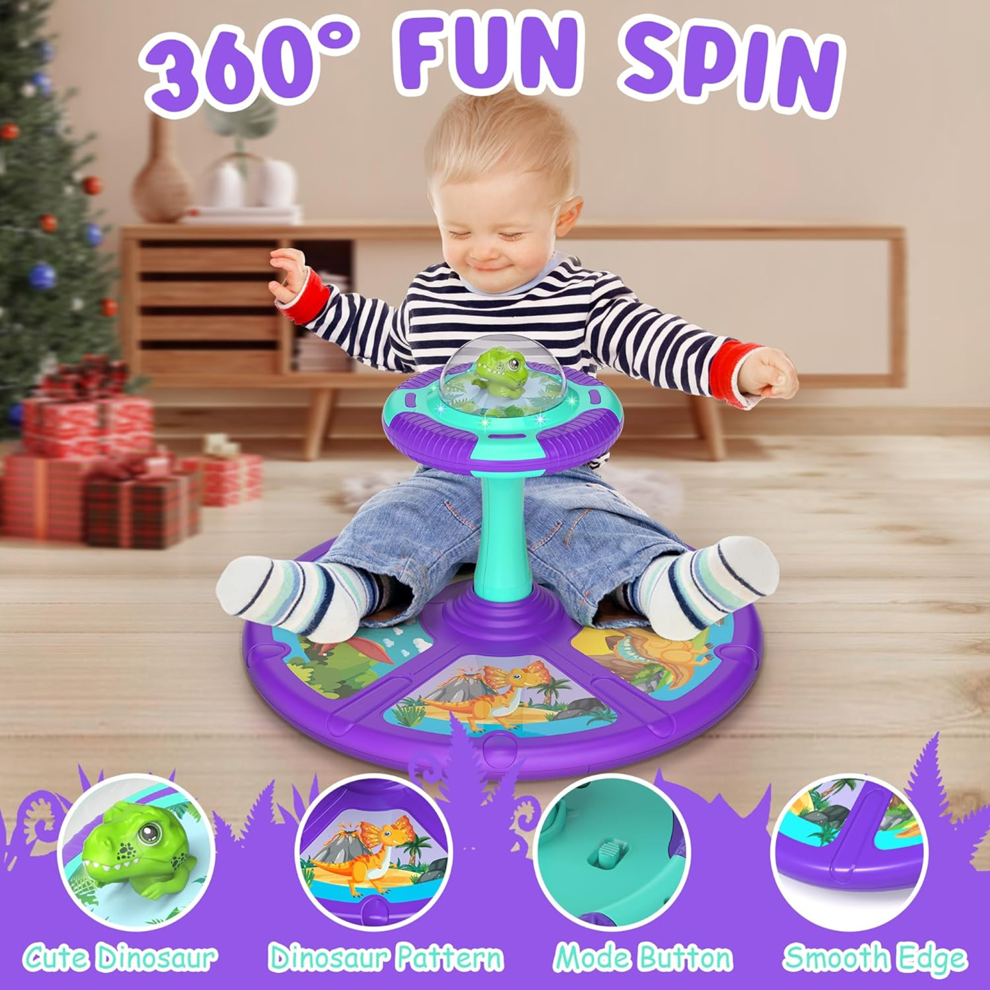 Richgv Dinosaur Sit and Spin Toys for 1 2 3 4 Year Kids, 360° Sit Spinner Activity Toy with Light Music Toddler Toy for Boys Girls Ages over 18 Months