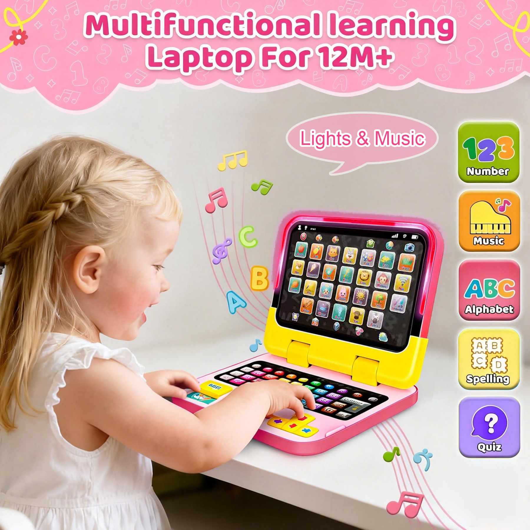 Richgv 2-in-1 Learning Toys for Toddlers, Kids Learning Laptop & Tablet Educational Montessori Toy Interactive Toys for Girls 1-6 Year, Birthday Gift for Girls Boys