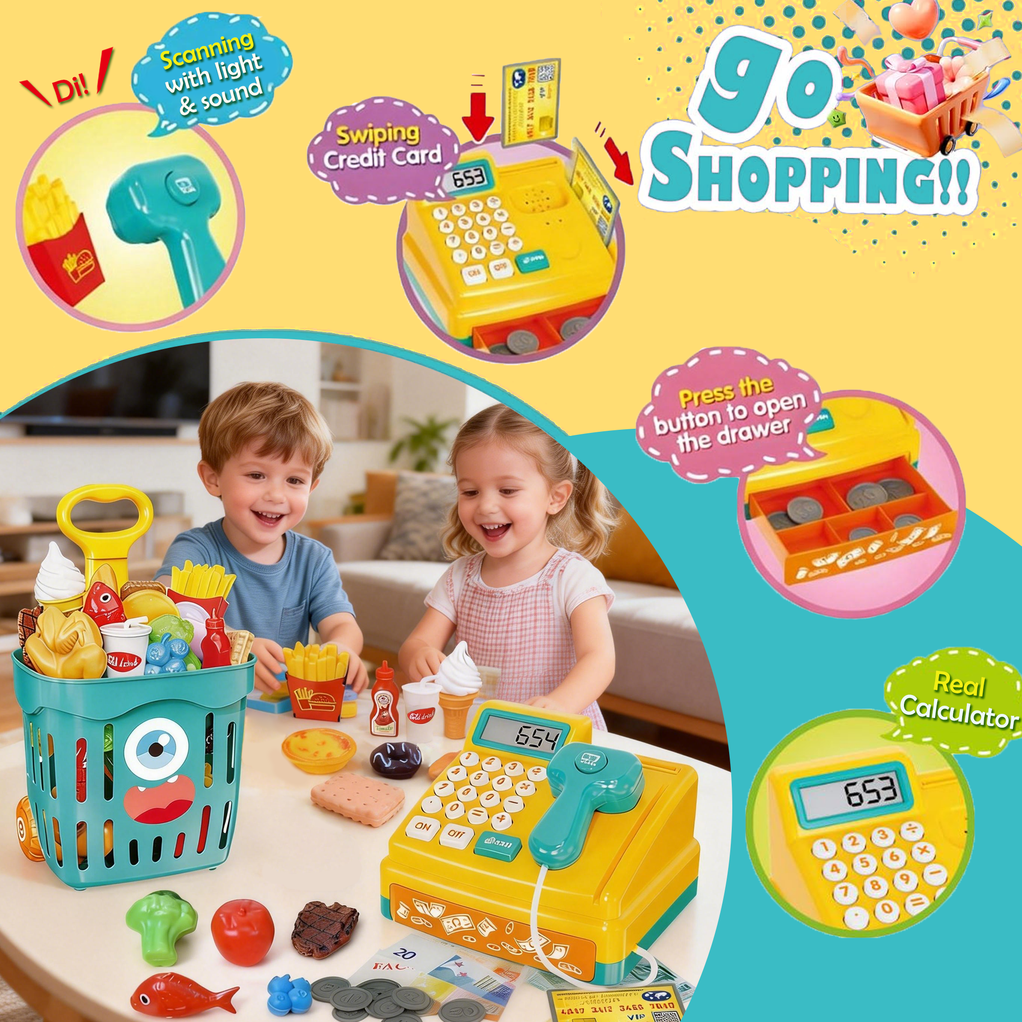 Richgv Cash Register Playset Toys for Kids, Pretend Play Money, Calculator, Scanner, Play Food Learning Toys for Toddlers 3-8, Gifts for Boys Girls