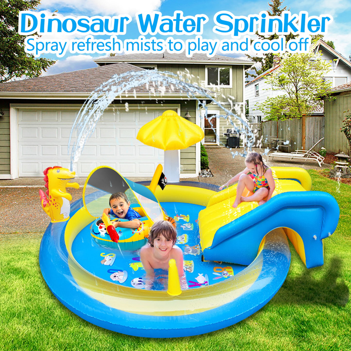 Richgv Splash Pad Sprinkler Play Mat with Slide, 78.7'' Inflatable Sprinkle Mat Outdoor Water Dinosaur Toys Pool Summer Toys Backyard Water Mat
