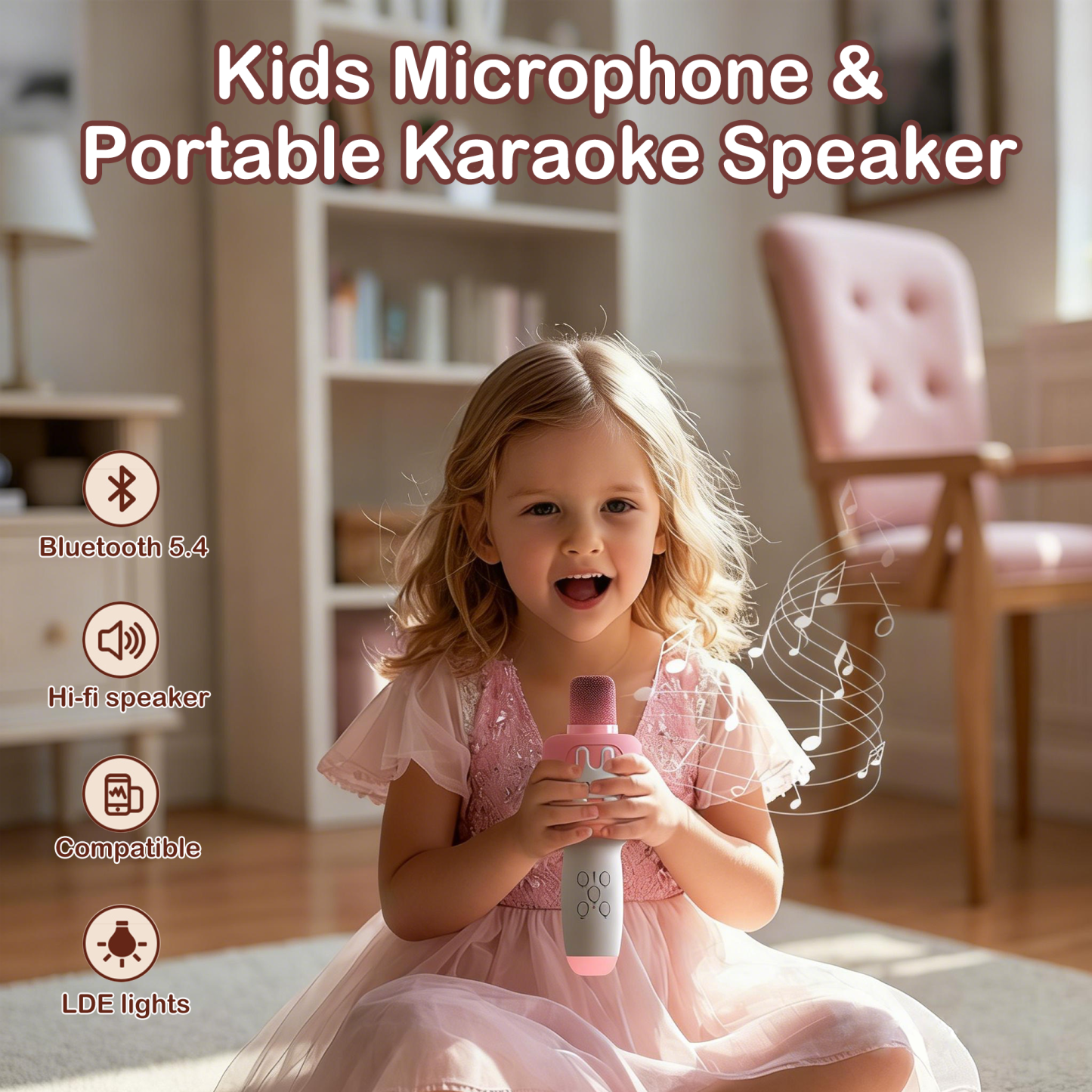Richgv Kids Karaoke Microphone Toys for Girls 3-6 Years, Handheld Wireless Bluetooth Mic Speaker Machine with LED Light, Kids Toys Birthday Party Gift for Toddlers