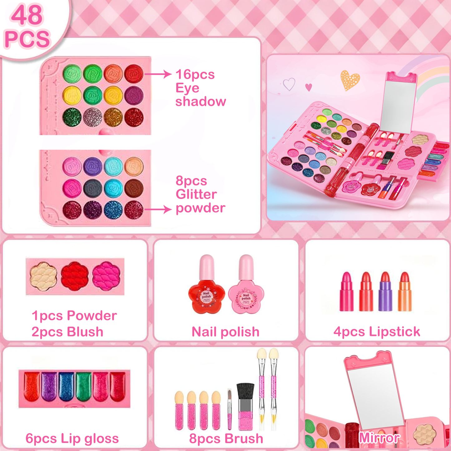 Richgv Girls Makeup Kit, 48 Pcs Play Make Up Toys for Girls 3-6 Year, Real Washable Kids Makeup Set Girls Toys Gifts for Birthday Christmas