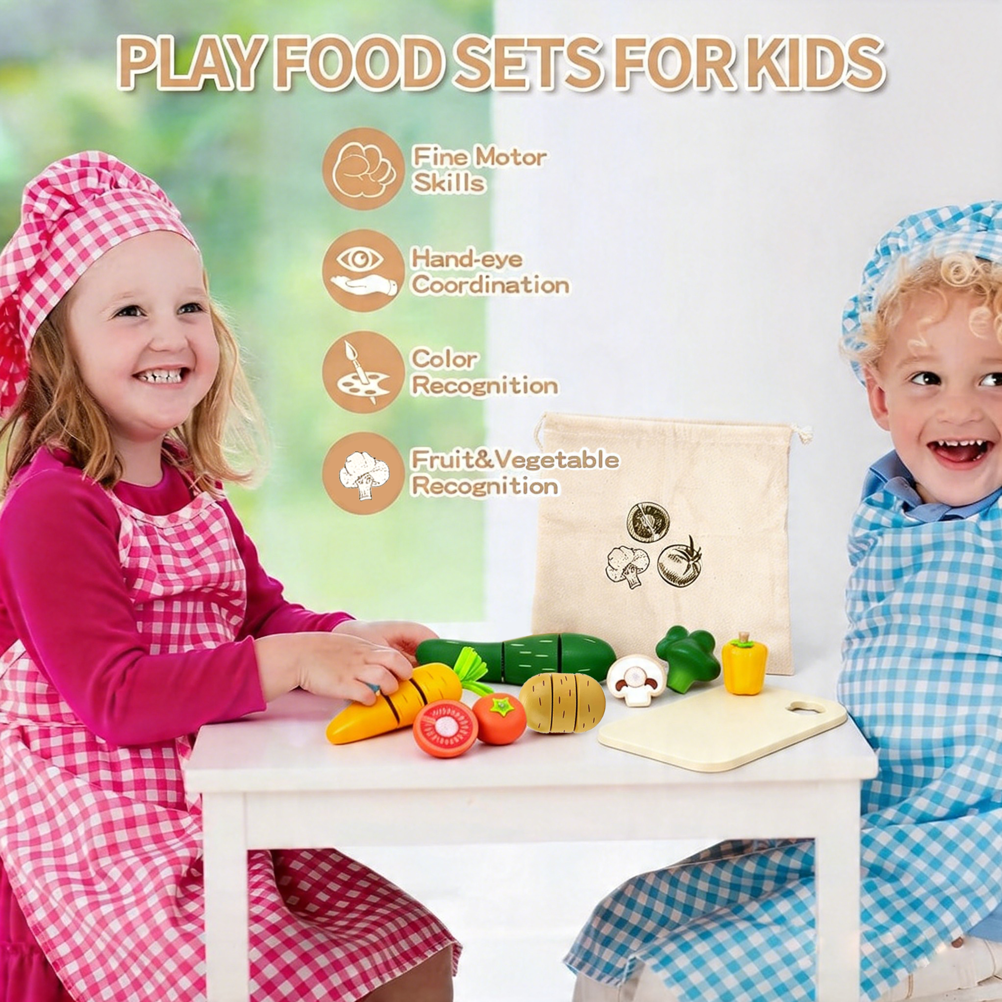Richgv Wooden Play Food Sets for Kids, 22PCS Pretend Play Kitchen Accessories Vegetables Cutting Set, Montessori Educational Toddler Toys for Girl Boy