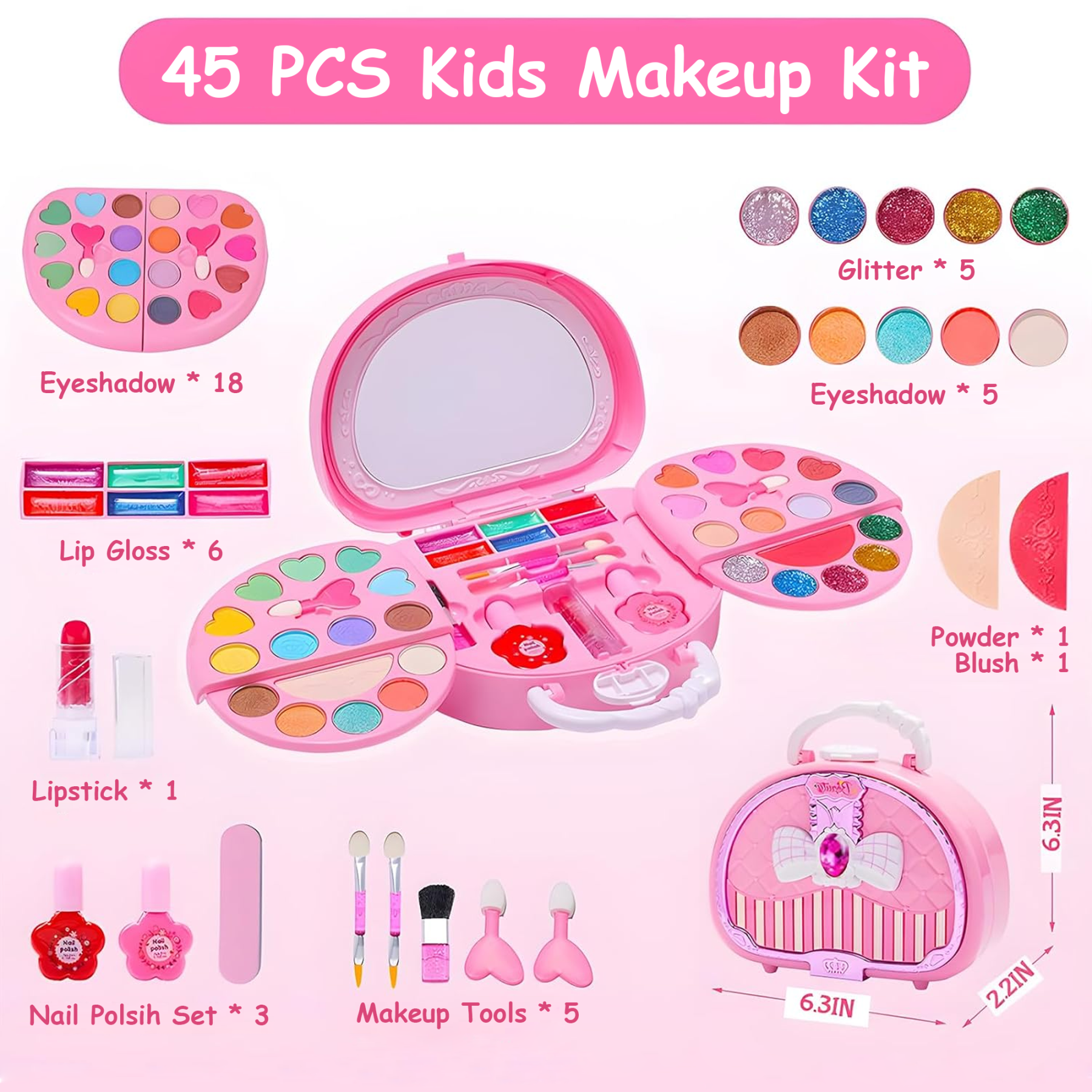 Richgv Kids Makeup Kit for Girls, 45 Pcs Real Washable Makeup Set, Princess Toys Play Make Up Toys for Girls 3-6 Year, Gift for Birthday Christmas