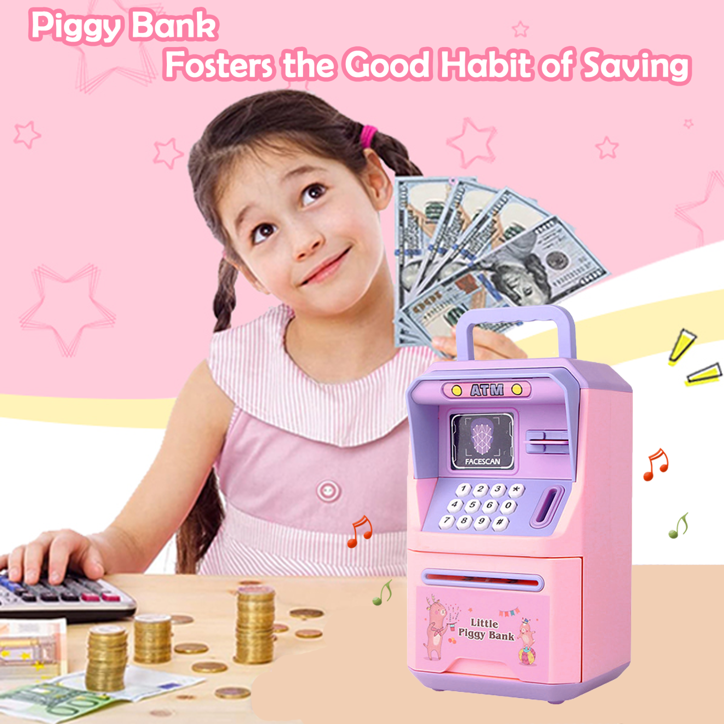 Richgv Piggy Bank for Kids, ATM Savings Bank Machine Electronic Money Bank Toy for Toddlers, Kids Piggy Bank Toy ATM Machine with Sounds Card Handle