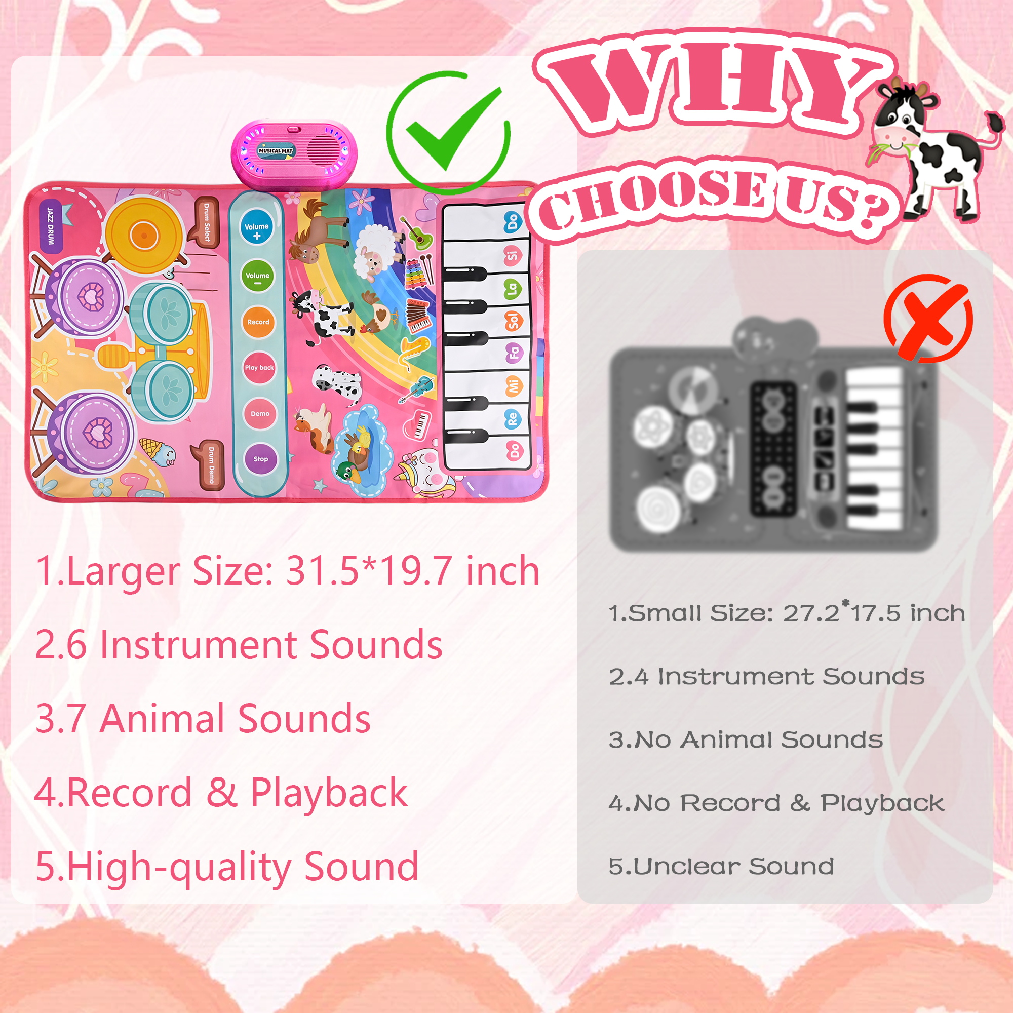 Richgv 3 in 1 Musical Toys Baby Toys for 1 Year Girls Boys, 12 Month Toy Gift Toddler Piano Drum Mat with 2 Sticks