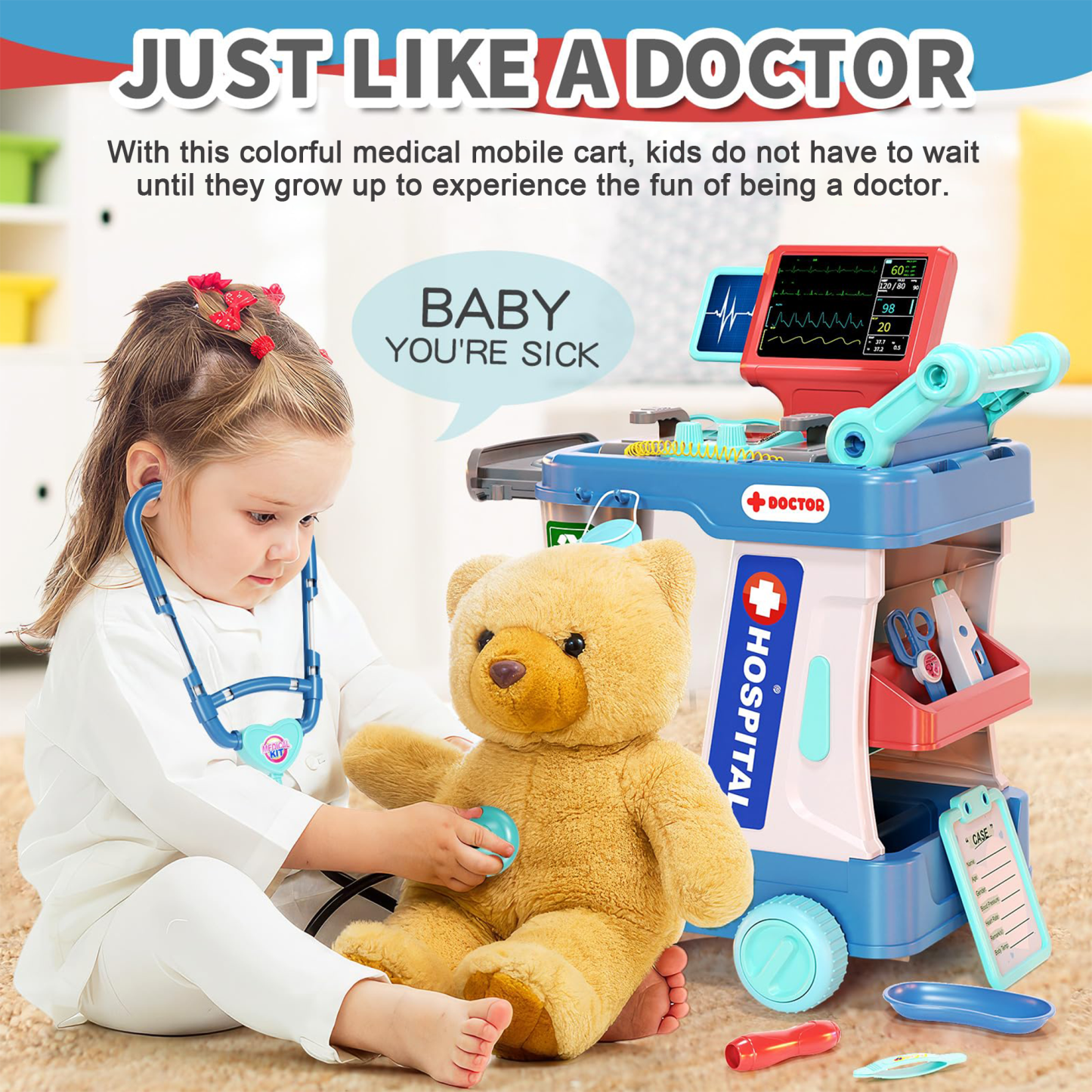 Richgv Doctor Kit for Kids, Pretend Play Doctor Set Medical Toy with Cart, Costume, Stethoscope, Role Play Doctor Kit for Boys Girls 3 4 5 Year