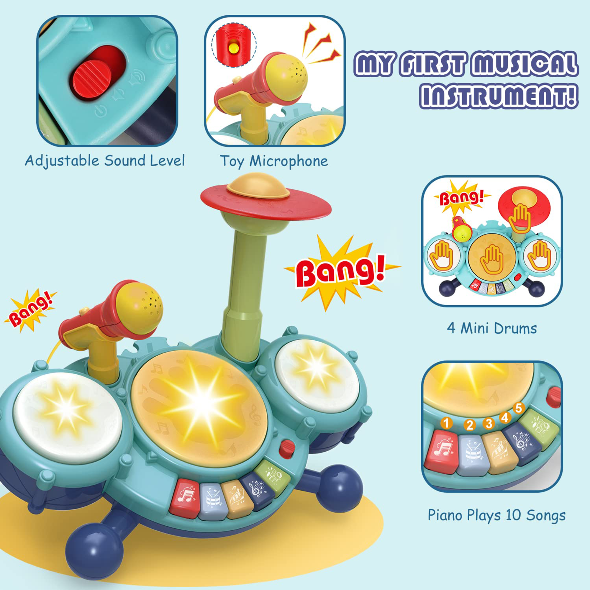 Richgv Kids Drum Set Musical Toys for 1 Year Old Boys Girls, Baby Educational Instruments with Piano Microphone, Light Up Learning Toys for Toddlers