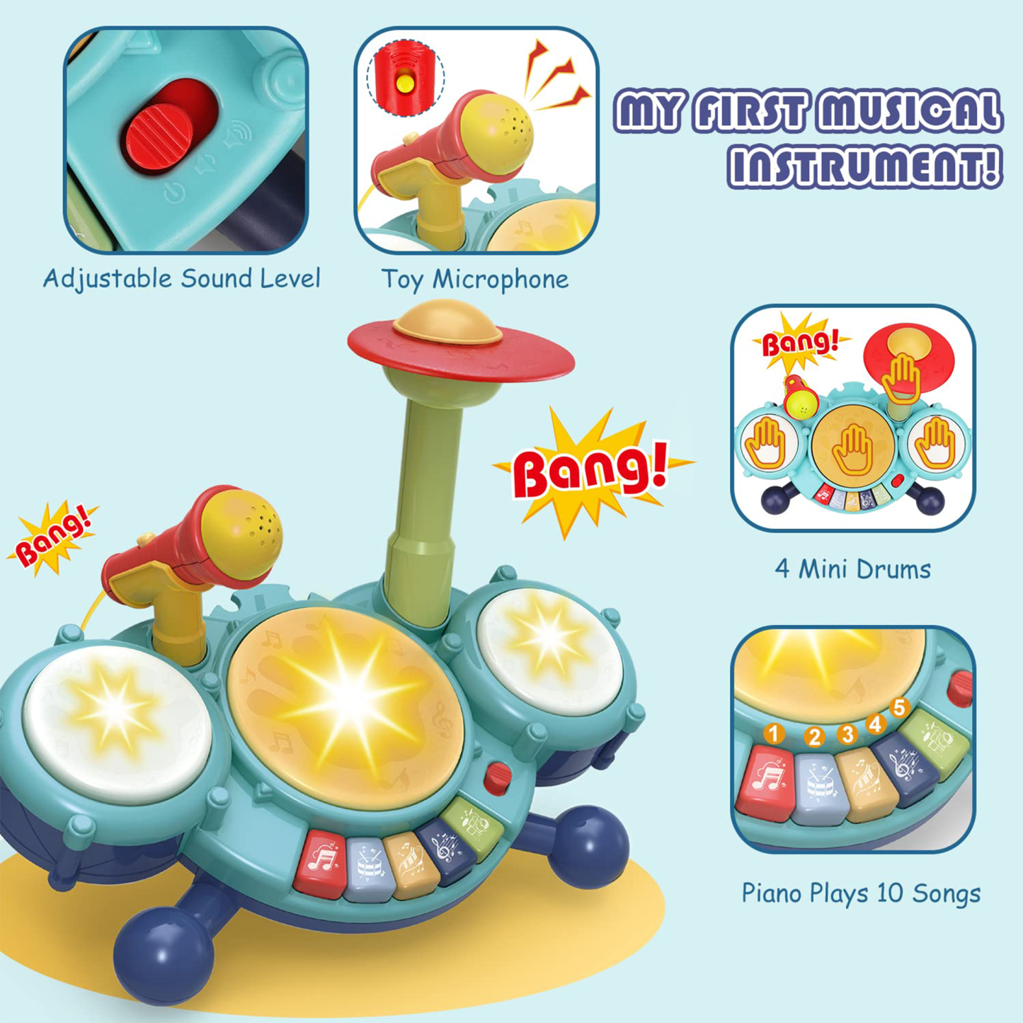 Richgv Kids Drum Set Musical Toys for 1 Year Old Boys Girls, Baby Educational Instruments with Piano Microphone, Light Up Learning Toys for Toddlers