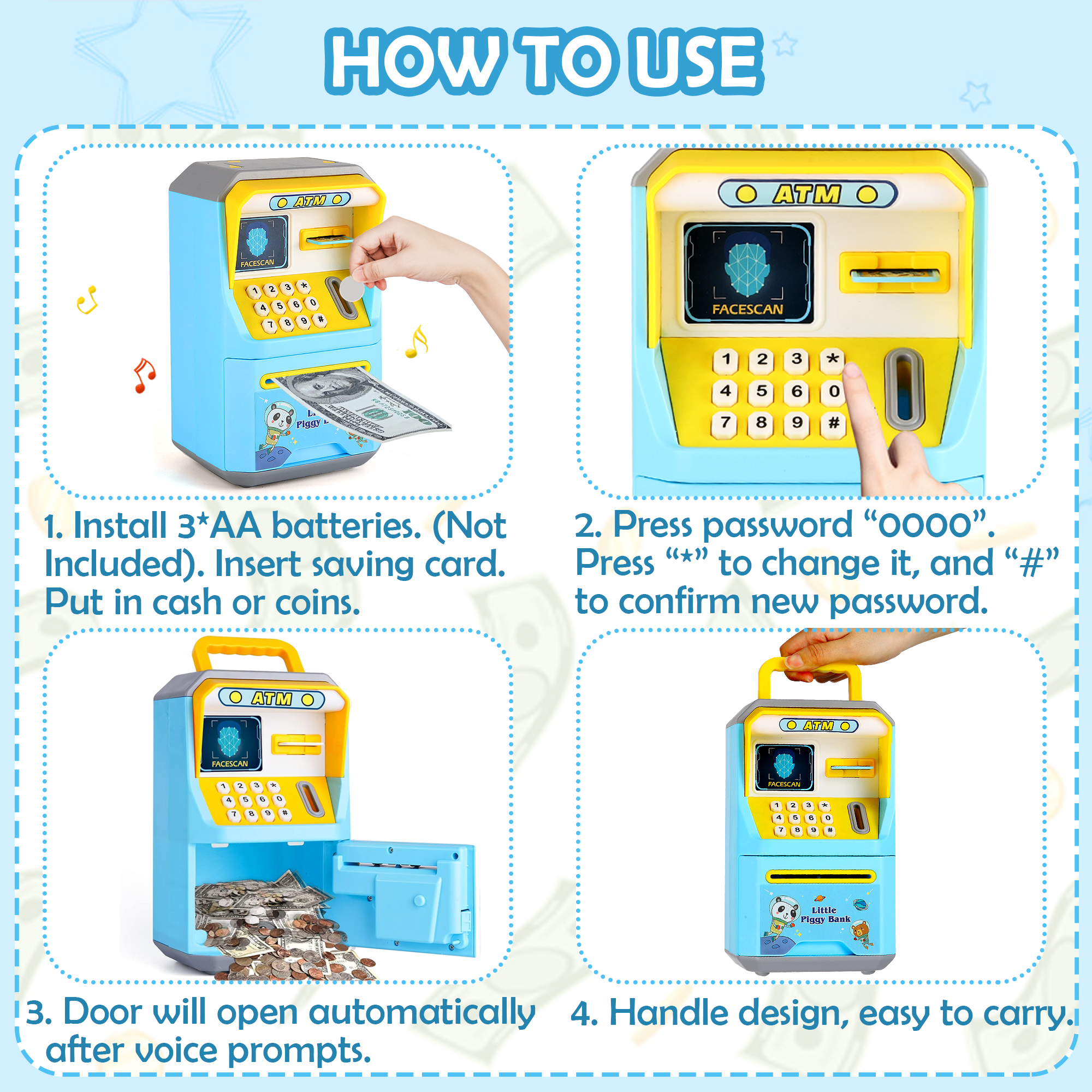 Richgv ATM Piggy Bank for Kids, Electronic Money Bank ATM Savings Bank Machine Toy for Toddlers 3-6 Years, Kids Toys ATM Machine with Sounds Handle