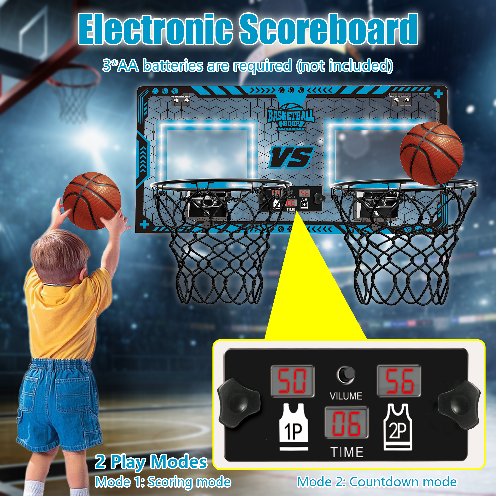 Richgv Double Shot Basketball Hoop for Kids, Indoor 2 Player Basketball Hoop with Electronic Scoreboard, 2 Balls