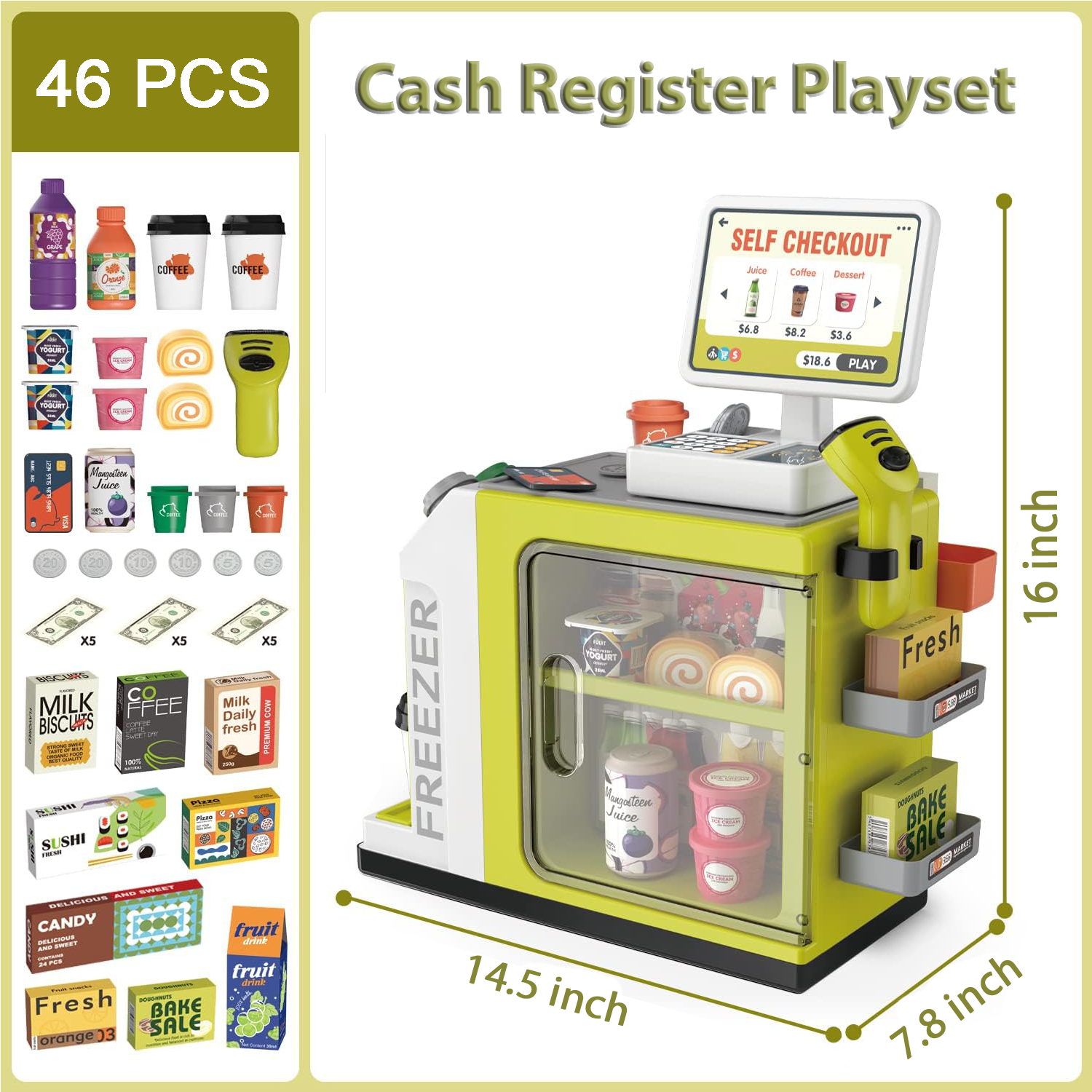 Richgv Upgraded Cash Register Toy for 3 Years Old Kids, 46 Pieces Pretend Play Money, Calculator, Scanner, Credit Cards, Play Food Toy Set for Toddlers Boys Girls, Green