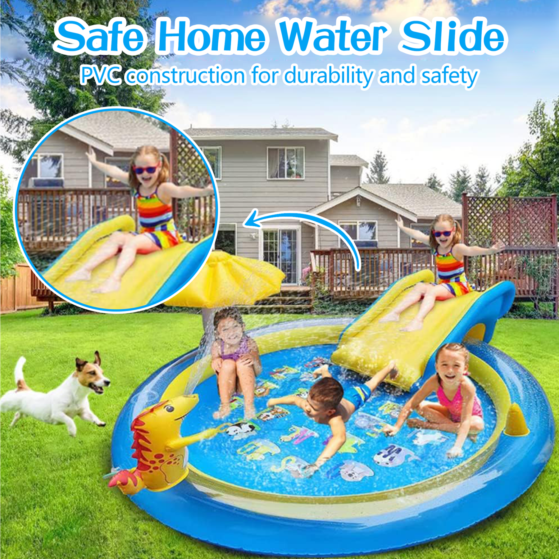 Richgv Splash Pad Sprinkler Play Mat with Slide, 78.7'' Inflatable Sprinkle Mat Outdoor Water Dinosaur Toys Pool Summer Toys Backyard Water Mat