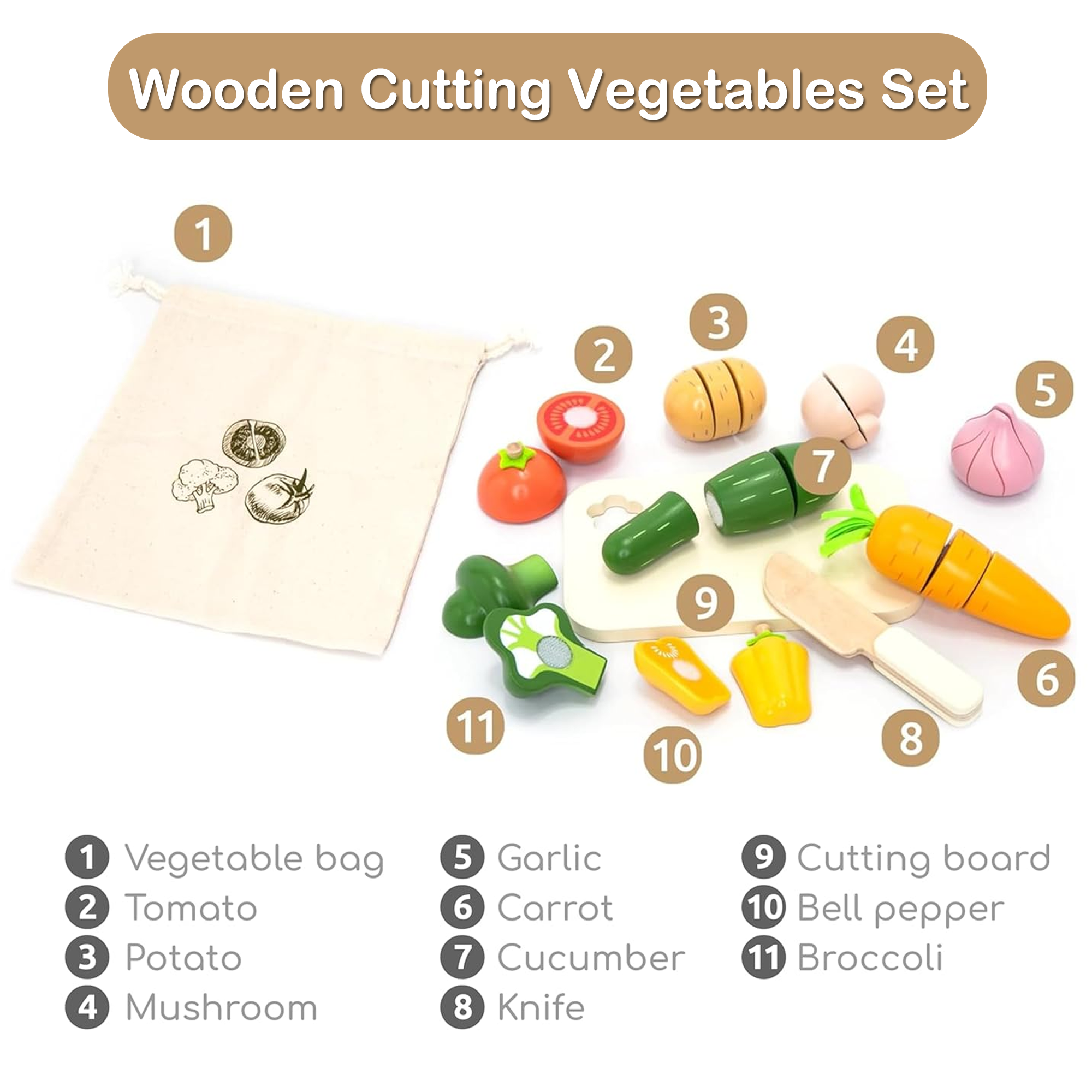 Richgv Wooden Play Food Sets for Kids, 22PCS Pretend Play Kitchen Accessories Vegetables Cutting Set, Montessori Educational Toddler Toys for Girl Boy