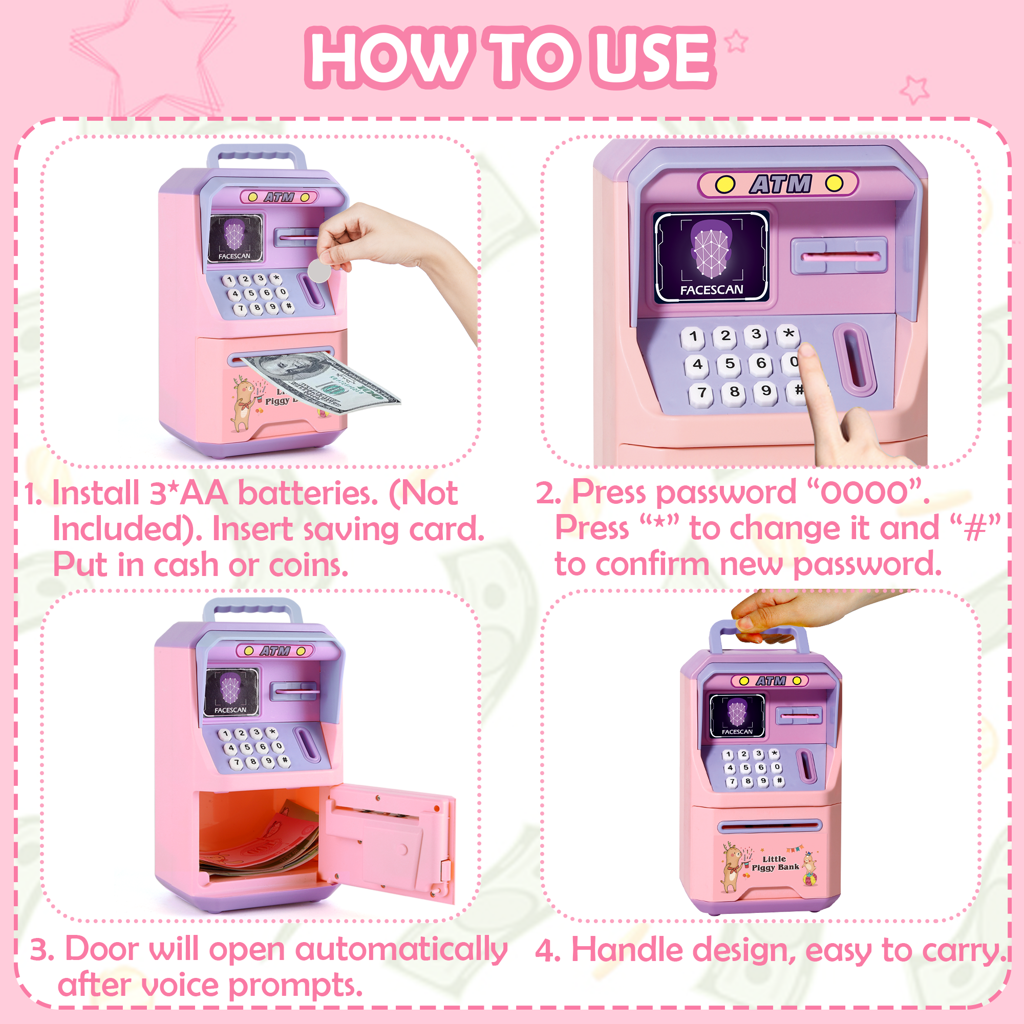 Richgv Piggy Bank for Kids, ATM Savings Bank Machine Electronic Money Bank Toy for Toddlers, Kids Piggy Bank Toy ATM Machine with Sounds Card Handle
